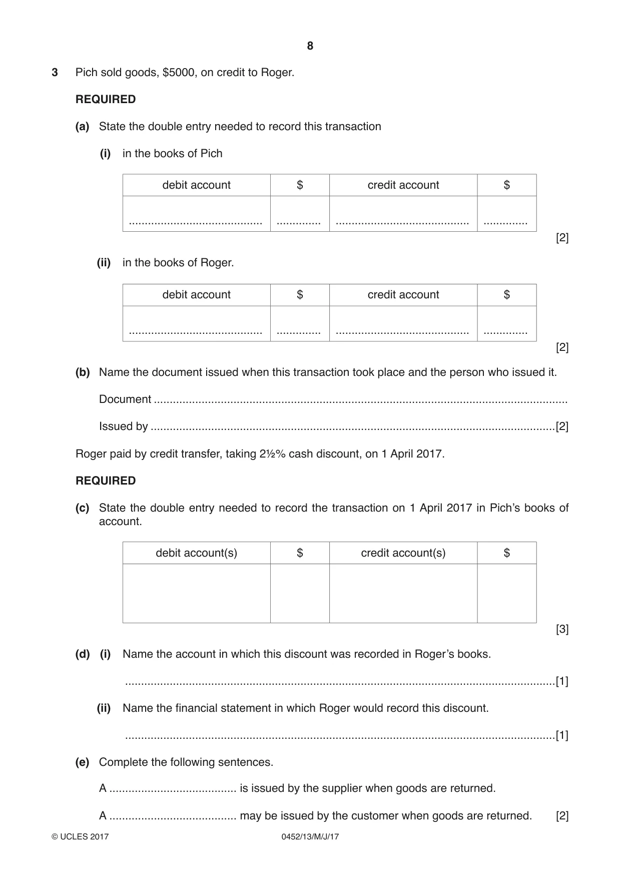 Cambridge IGCSE Accounting 0452 2017 May/June Paper 1 · Variant 3 question paper, page 8 of 20
