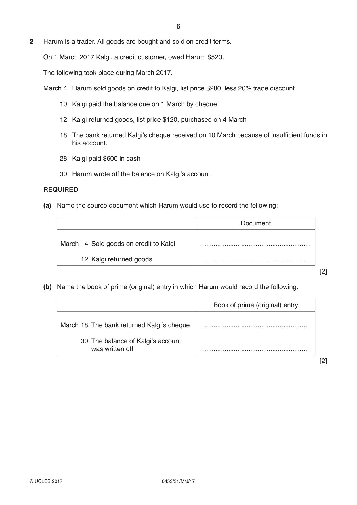 Cambridge IGCSE Accounting 0452 2017 May/June Paper 2 · Variant 1 question paper, page 6 of 24