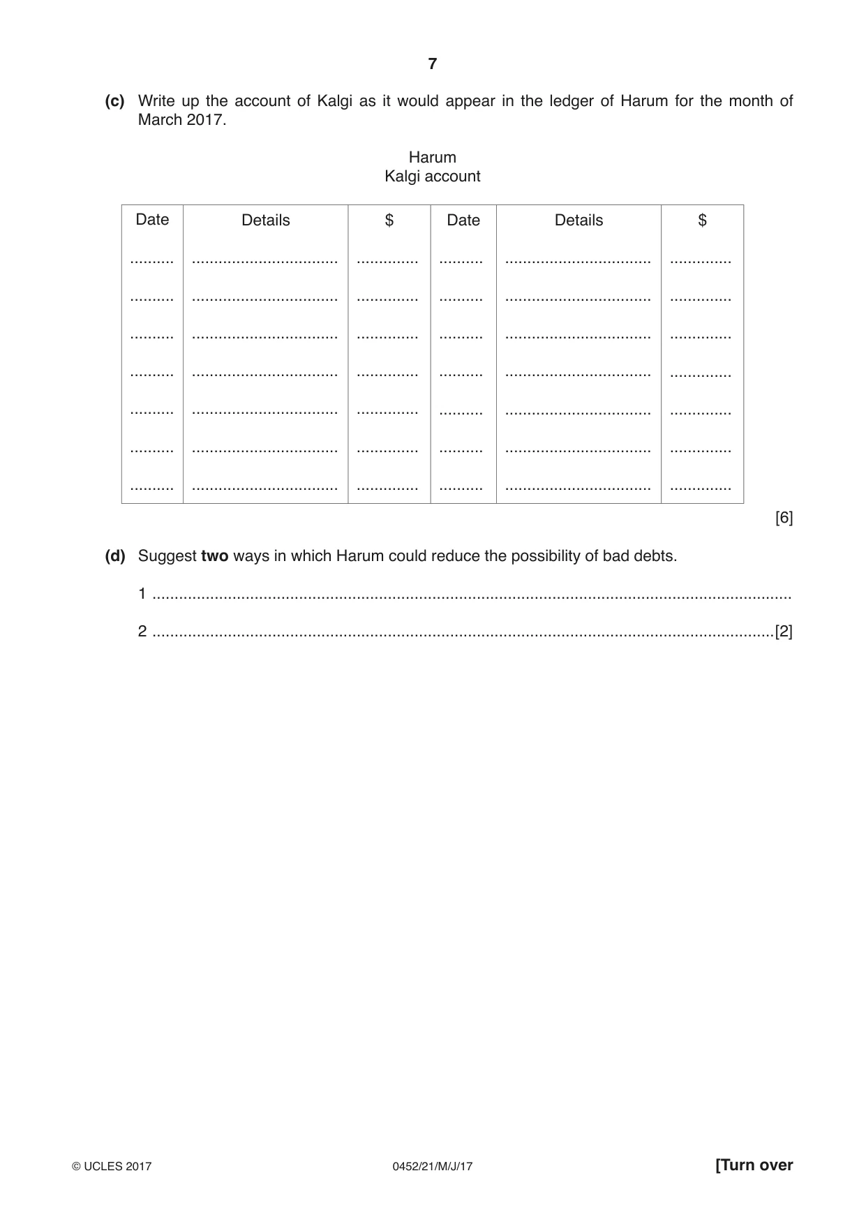 Cambridge IGCSE Accounting 0452 2017 May/June Paper 2 · Variant 1 question paper, page 7 of 24