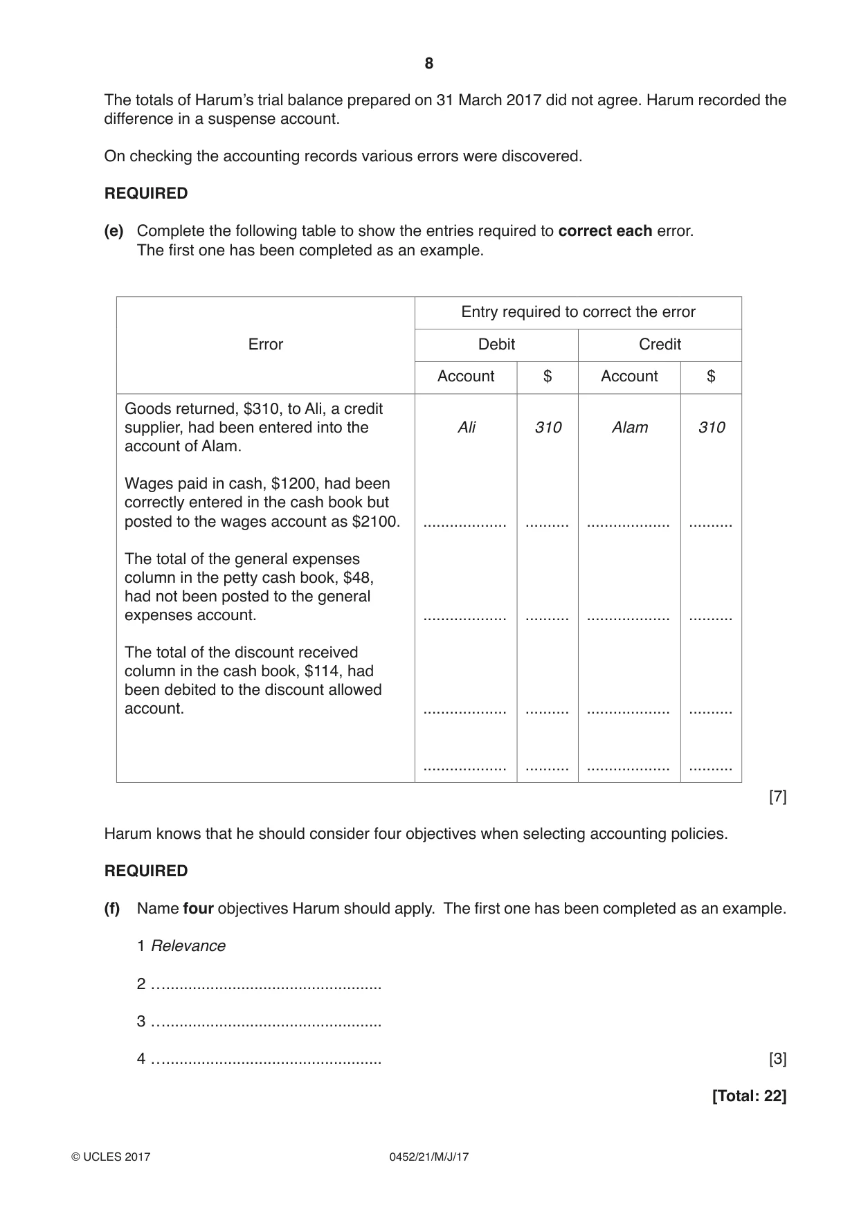 Cambridge IGCSE Accounting 0452 2017 May/June Paper 2 · Variant 1 question paper, page 8 of 24