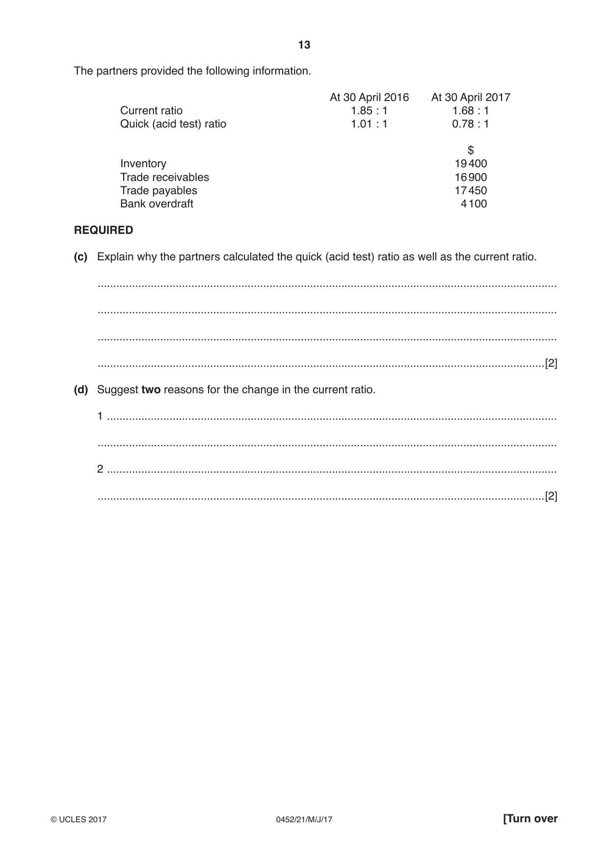 Cambridge IGCSE Accounting 0452 2017 May/June Paper 2 · Variant 1 question paper, page 13 of 24