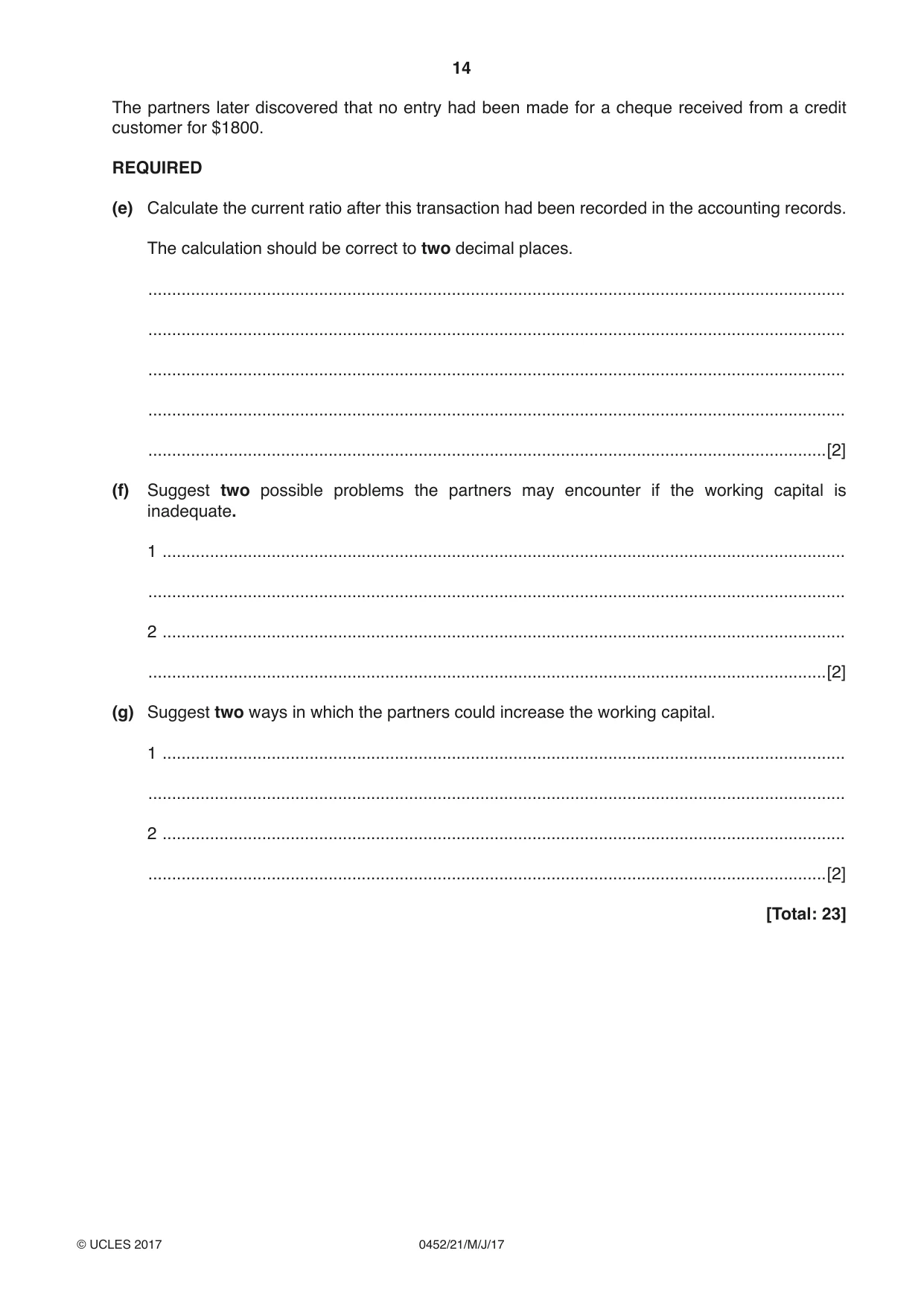 Cambridge IGCSE Accounting 0452 2017 May/June Paper 2 · Variant 1 question paper, page 14 of 24