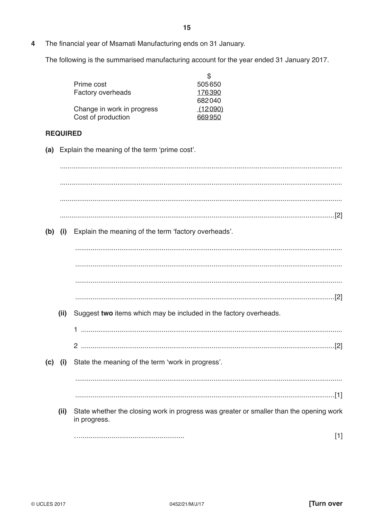 Cambridge IGCSE Accounting 0452 2017 May/June Paper 2 · Variant 1 question paper, page 15 of 24