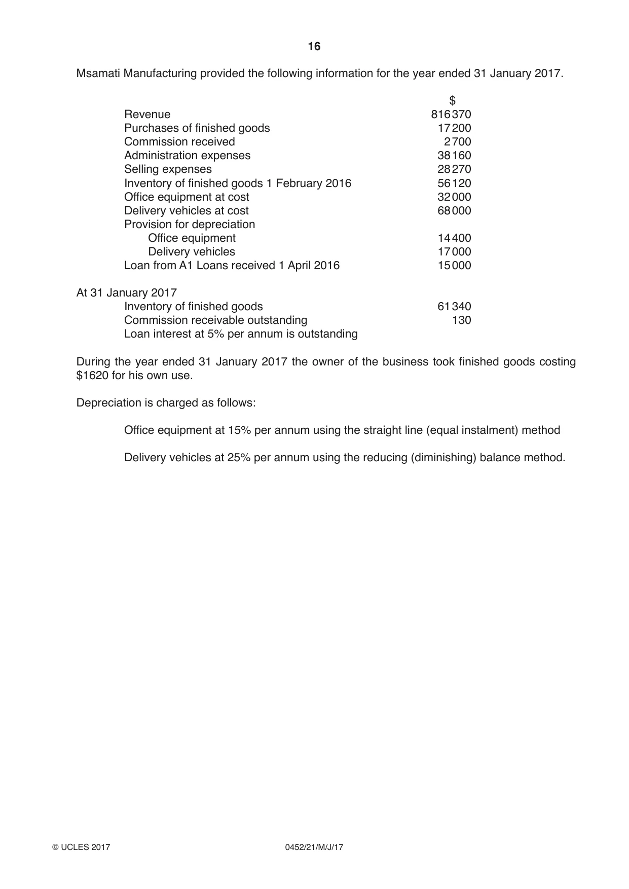Cambridge IGCSE Accounting 0452 2017 May/June Paper 2 · Variant 1 question paper, page 16 of 24