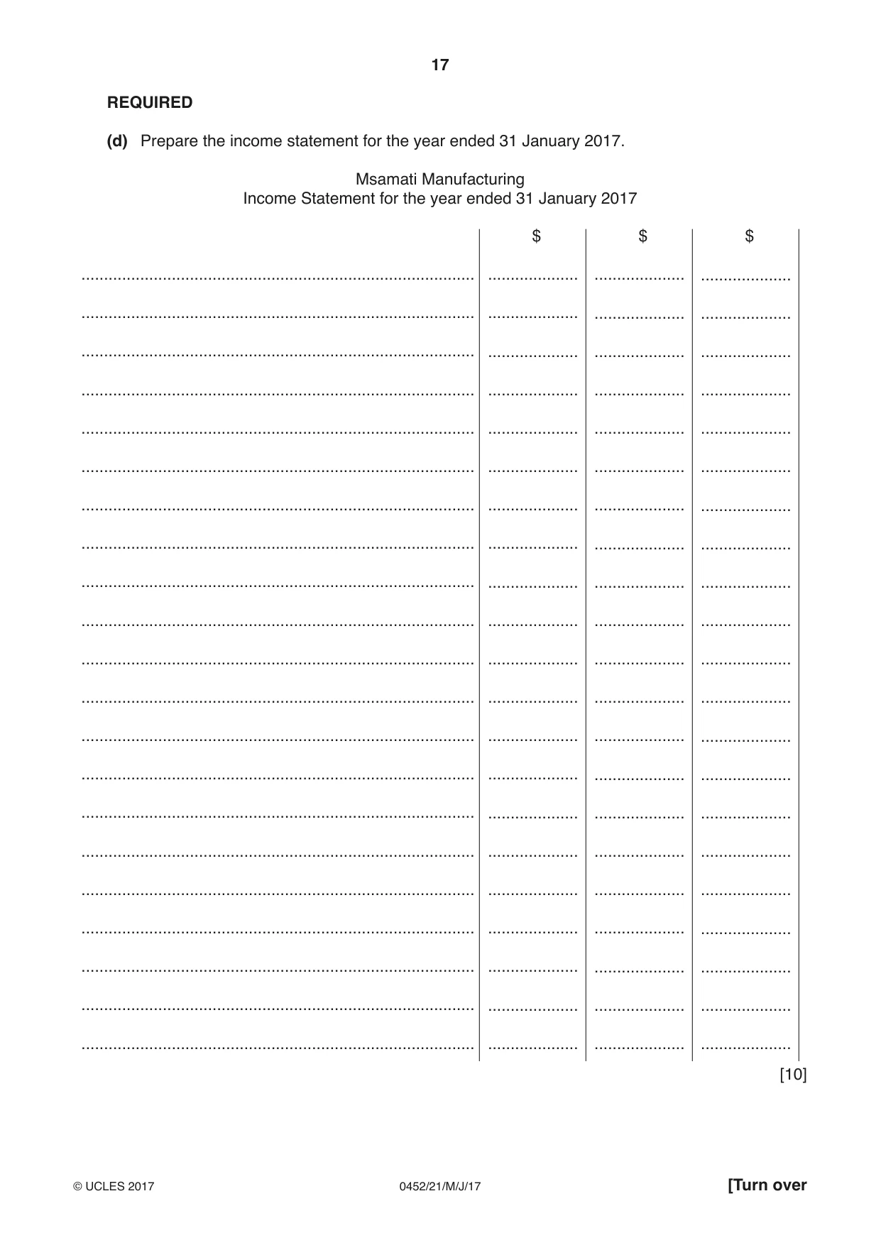 Cambridge IGCSE Accounting 0452 2017 May/June Paper 2 · Variant 1 question paper, page 17 of 24