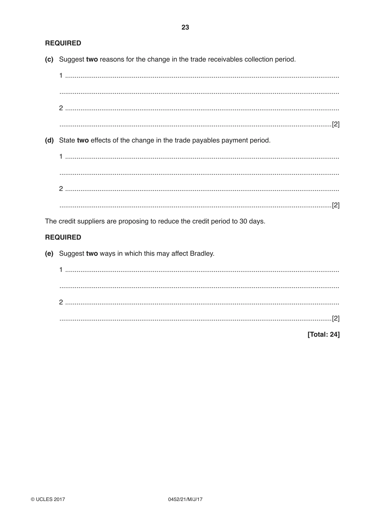 Cambridge IGCSE Accounting 0452 2017 May/June Paper 2 · Variant 1 question paper, page 23 of 24