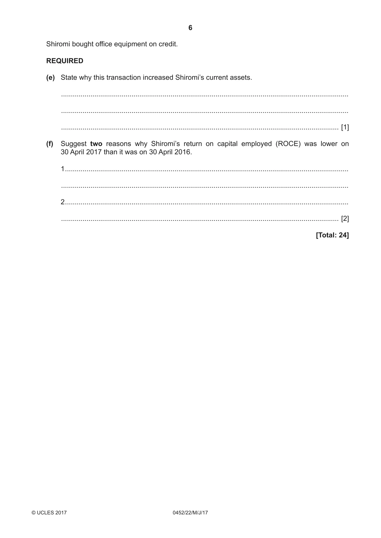 Cambridge IGCSE Accounting 0452 2017 May/June Paper 2 · Variant 2 question paper, page 6 of 20