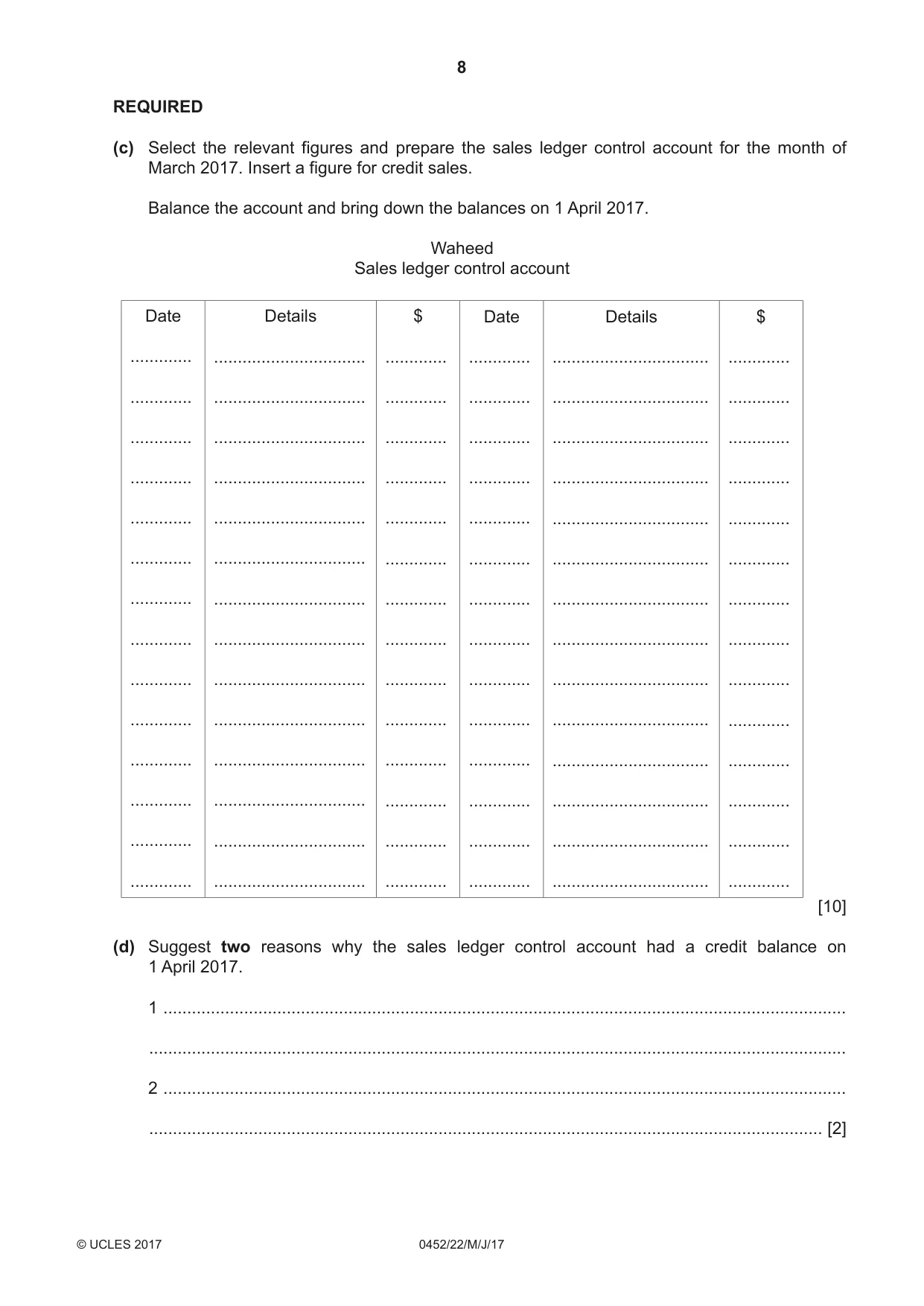 Cambridge IGCSE Accounting 0452 2017 May/June Paper 2 · Variant 2 question paper, page 8 of 20
