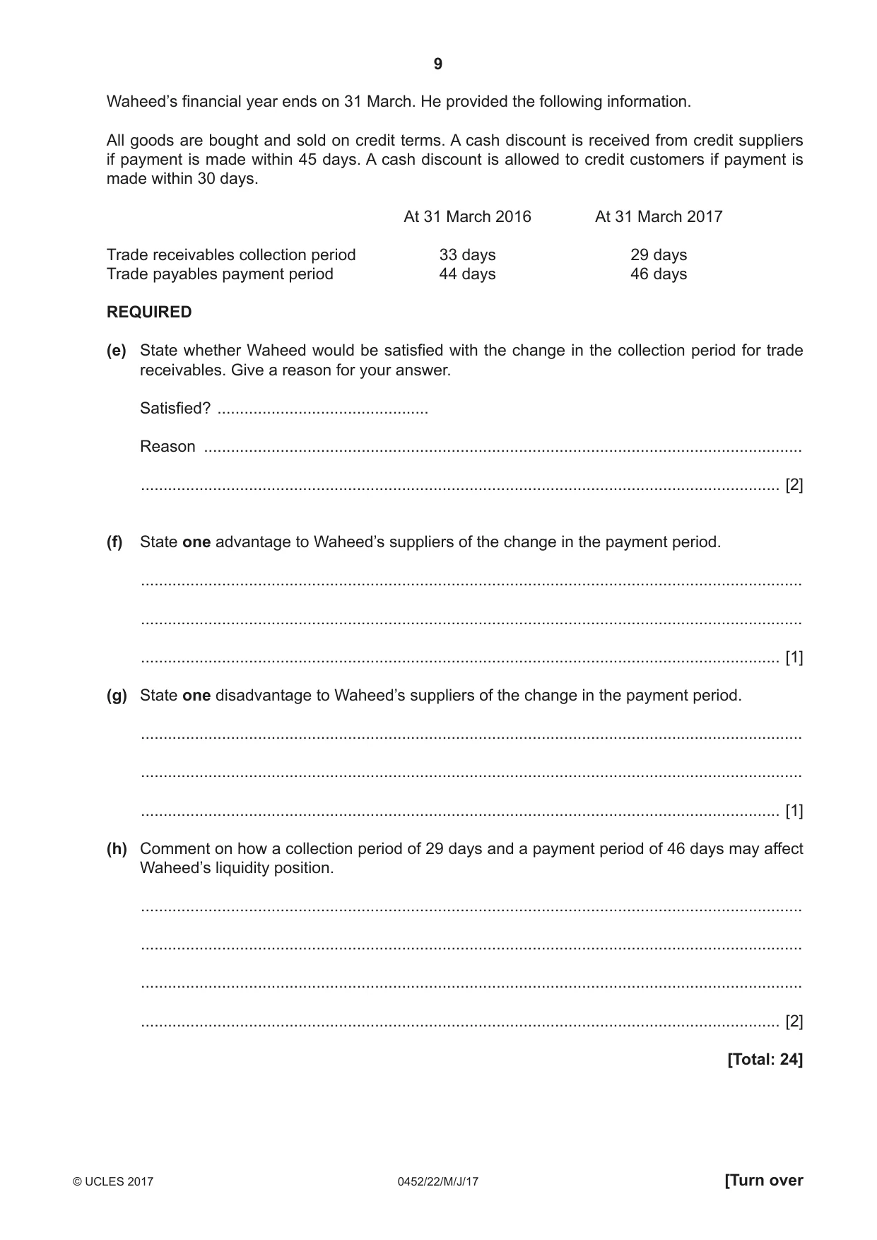 Cambridge IGCSE Accounting 0452 2017 May/June Paper 2 · Variant 2 question paper, page 9 of 20