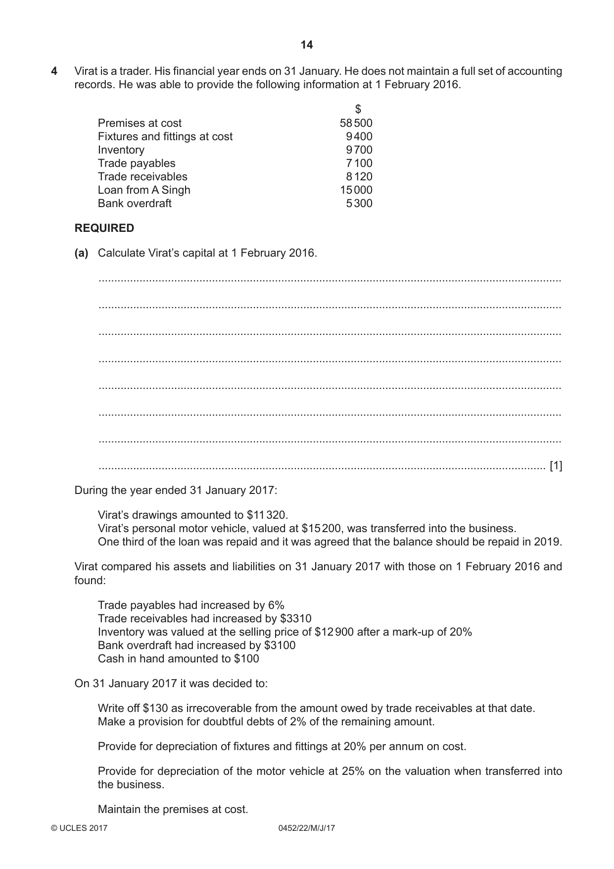 Cambridge IGCSE Accounting 0452 2017 May/June Paper 2 · Variant 2 question paper, page 14 of 20