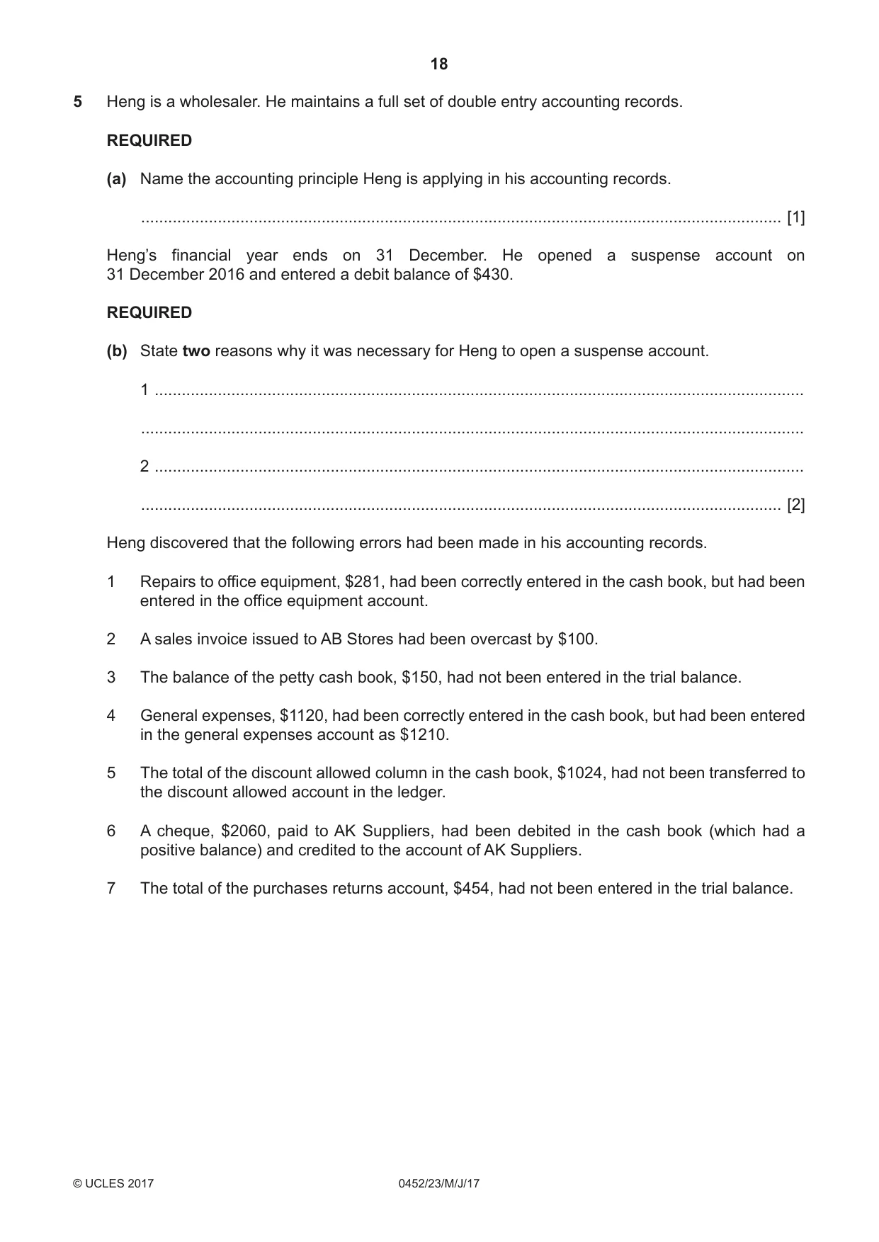 Cambridge IGCSE Accounting 0452 2017 May/June Paper 2 · Variant 3 question paper, page 18 of 20
