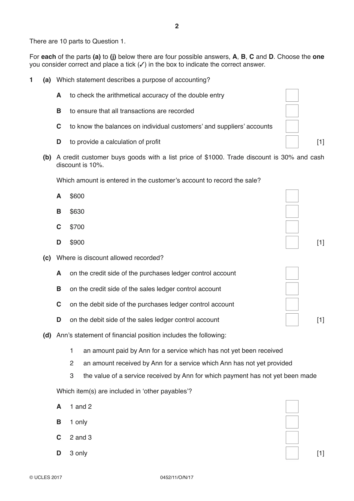 Cambridge IGCSE Accounting 0452 2017 Oct/Nov Paper 1 · Variant 1 question paper, page 2 of 20