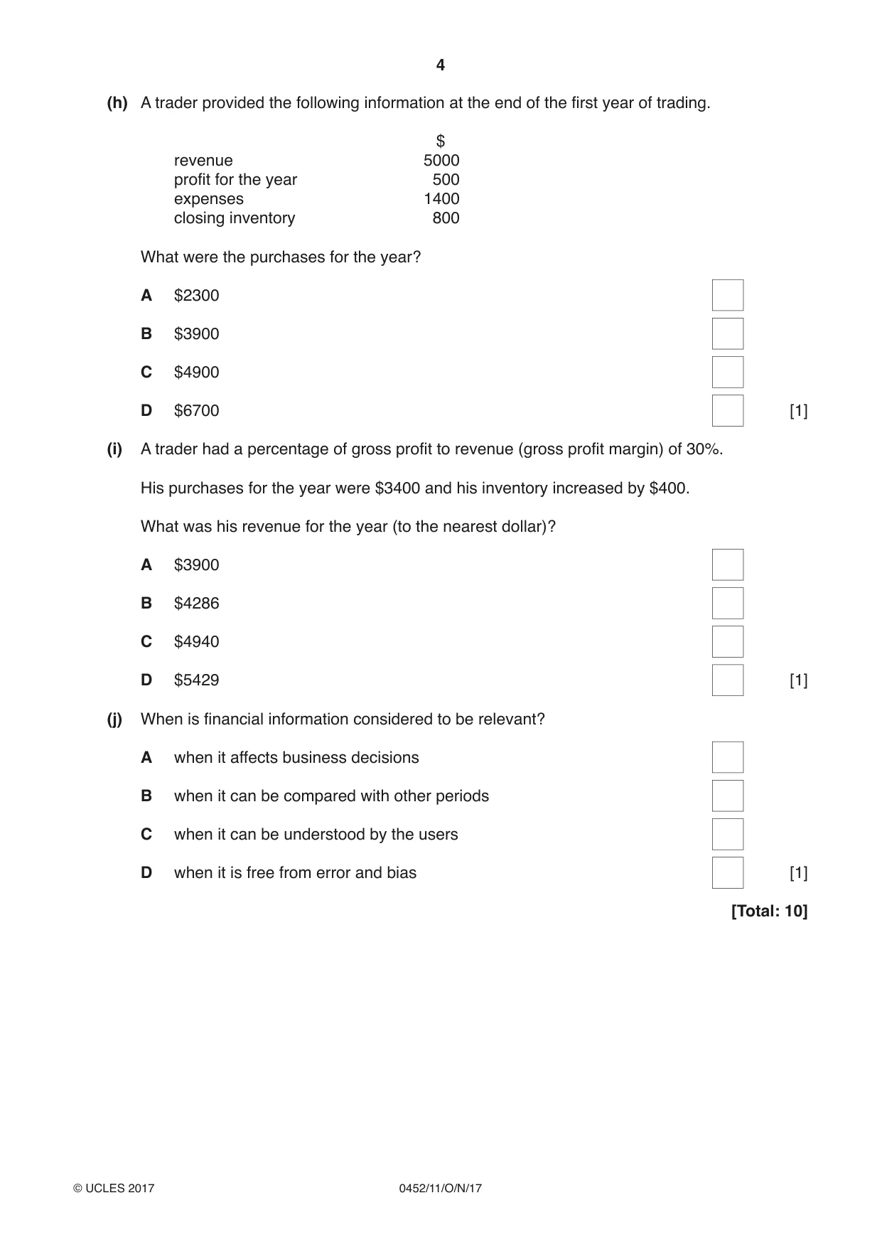Cambridge IGCSE Accounting 0452 2017 Oct/Nov Paper 1 · Variant 1 question paper, page 4 of 20