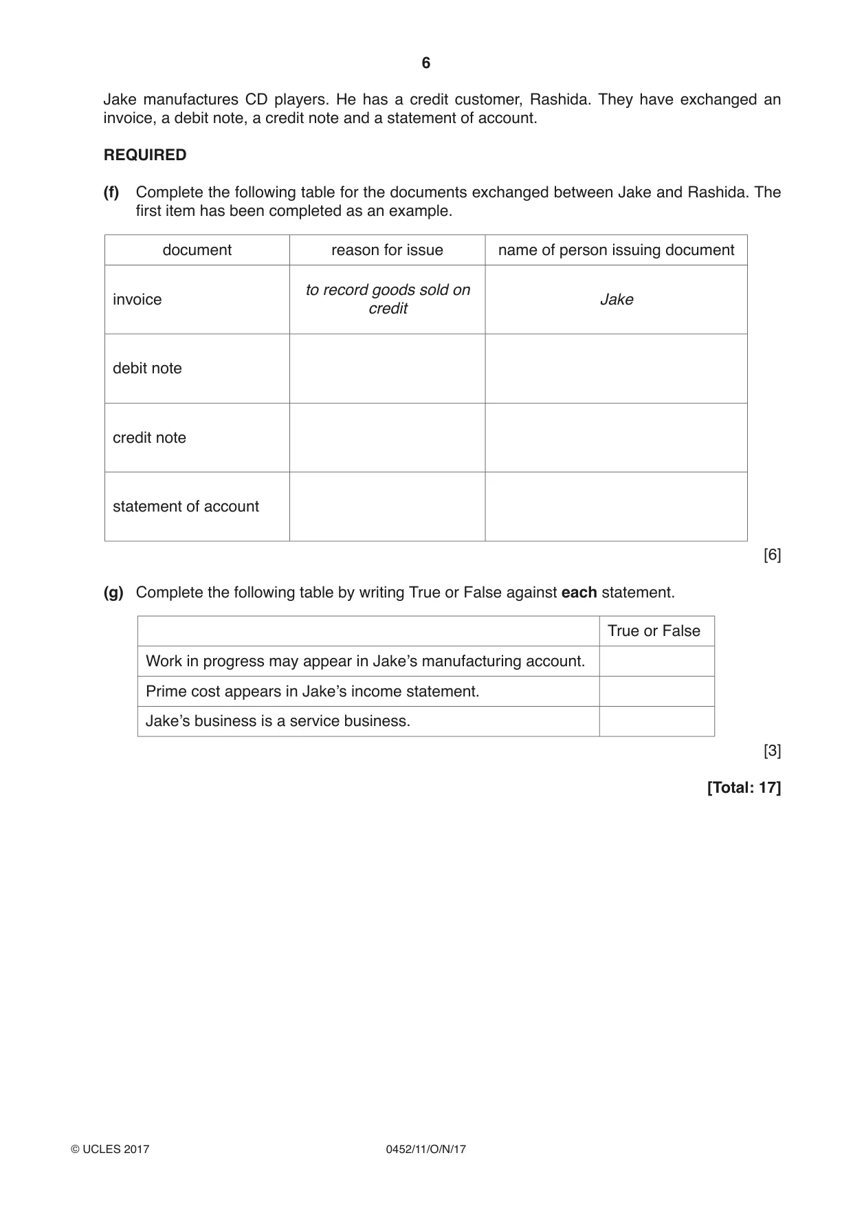 Cambridge IGCSE Accounting 0452 2017 Oct/Nov Paper 1 · Variant 1 question paper, page 6 of 20