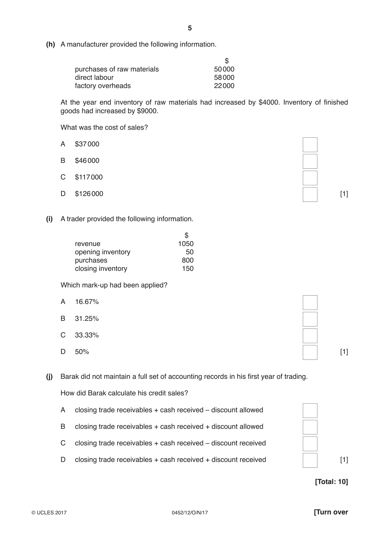 Cambridge IGCSE Accounting 0452 2017 Oct/Nov Paper 1 · Variant 2 question paper, page 5 of 20