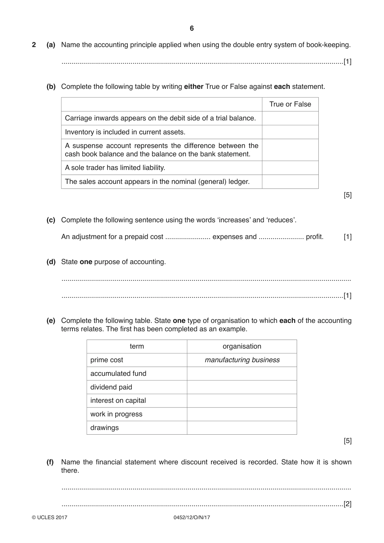 Cambridge IGCSE Accounting 0452 2017 Oct/Nov Paper 1 · Variant 2 question paper, page 6 of 20
