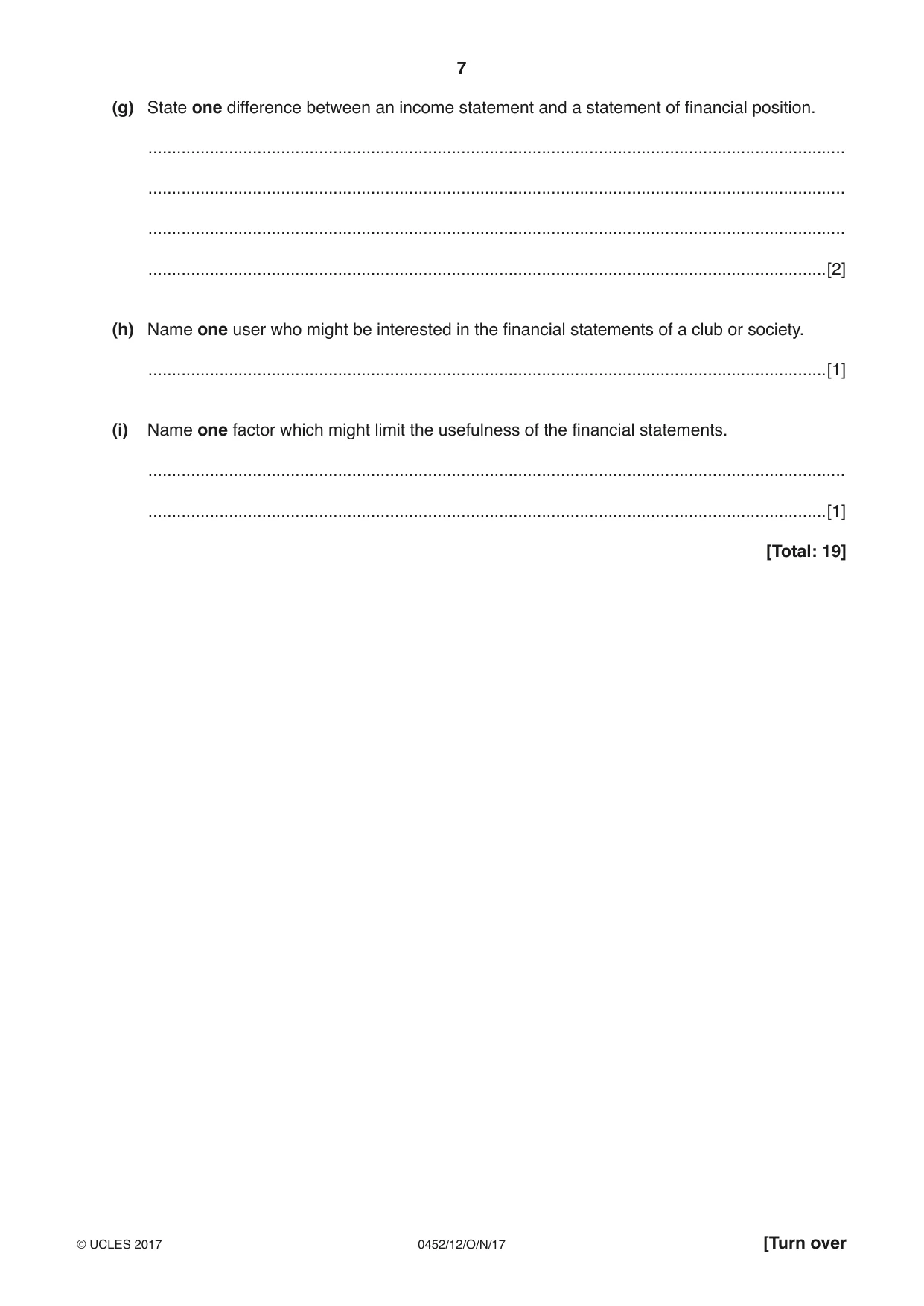 Cambridge IGCSE Accounting 0452 2017 Oct/Nov Paper 1 · Variant 2 question paper, page 7 of 20