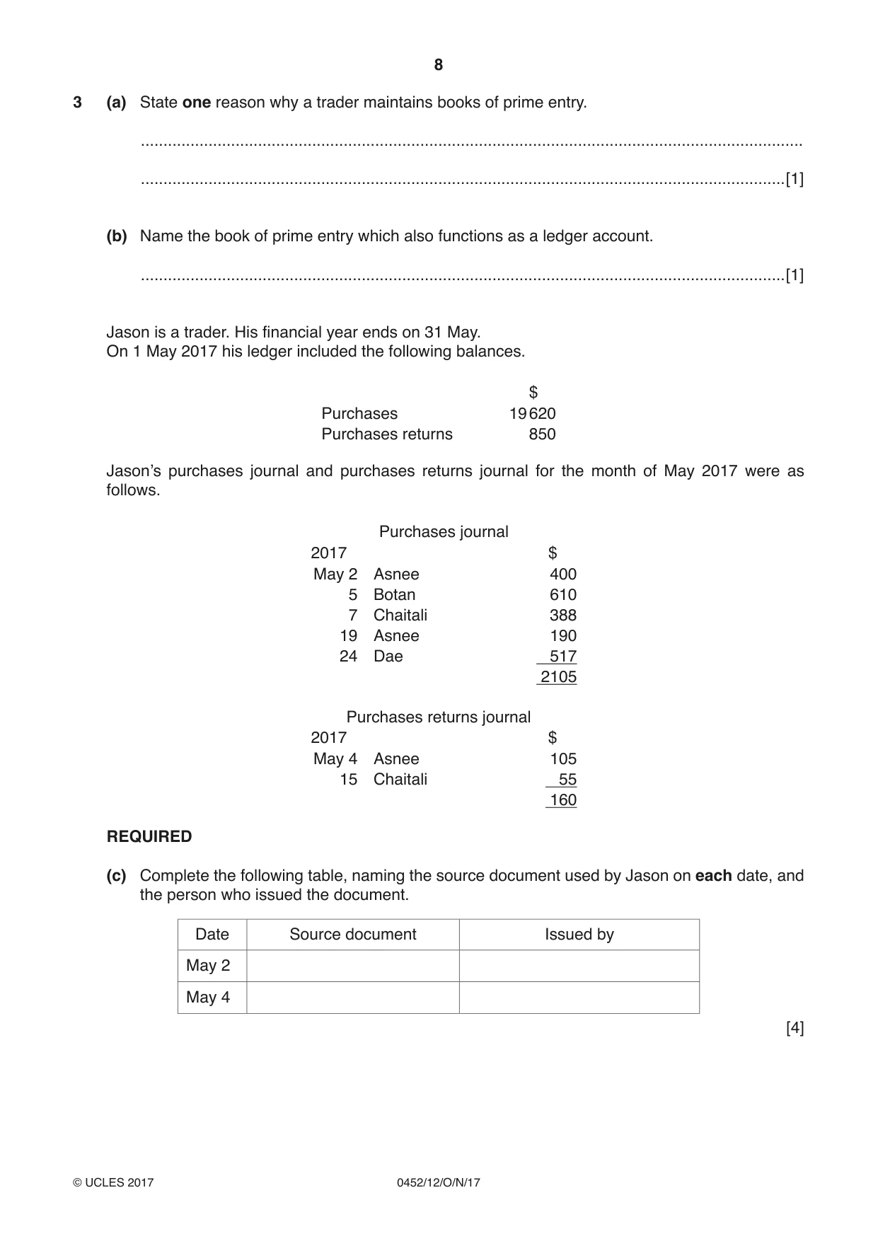 Cambridge IGCSE Accounting 0452 2017 Oct/Nov Paper 1 · Variant 2 question paper, page 8 of 20
