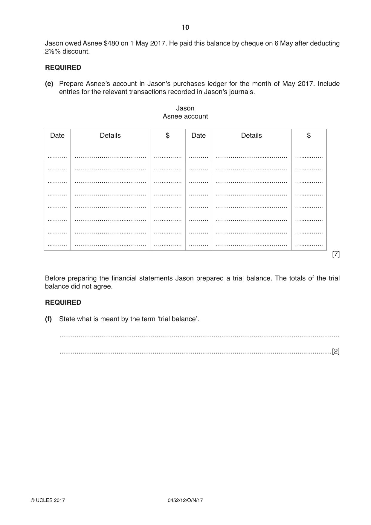 Cambridge IGCSE Accounting 0452 2017 Oct/Nov Paper 1 · Variant 2 question paper, page 10 of 20