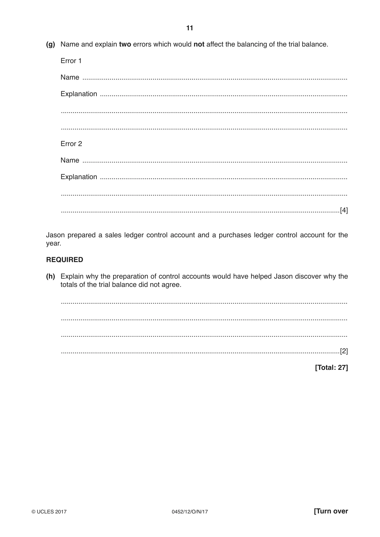 Cambridge IGCSE Accounting 0452 2017 Oct/Nov Paper 1 · Variant 2 question paper, page 11 of 20