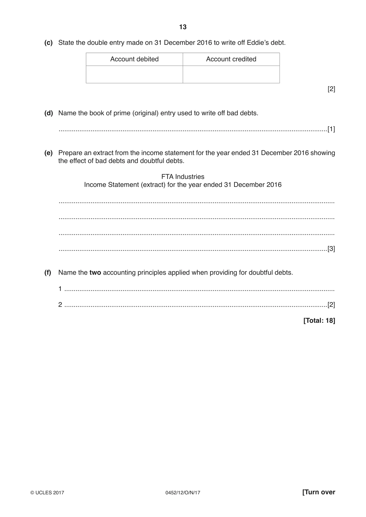 Cambridge IGCSE Accounting 0452 2017 Oct/Nov Paper 1 · Variant 2 question paper, page 13 of 20