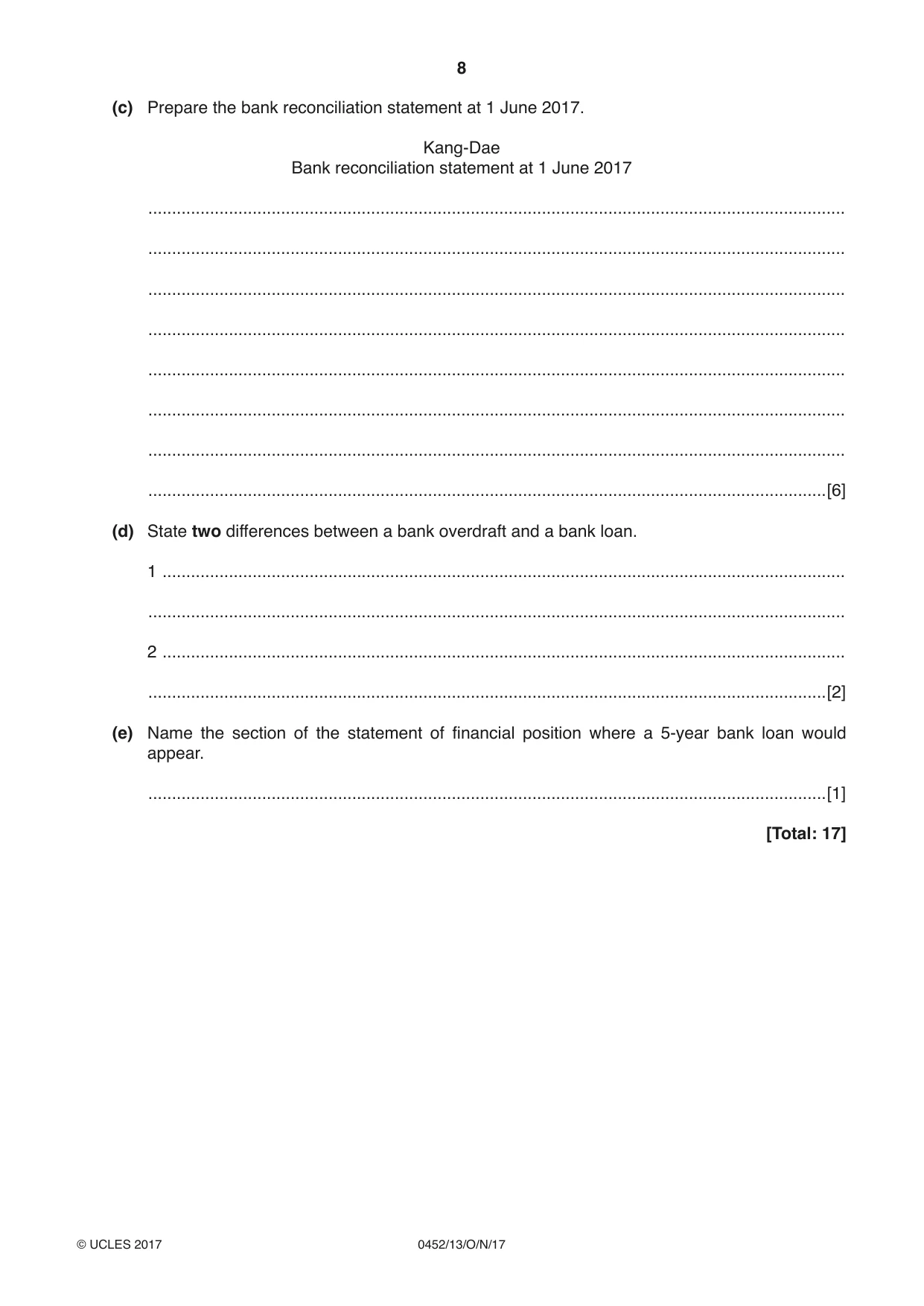 Cambridge IGCSE Accounting 0452 2017 Oct/Nov Paper 1 · Variant 3 question paper, page 8 of 20