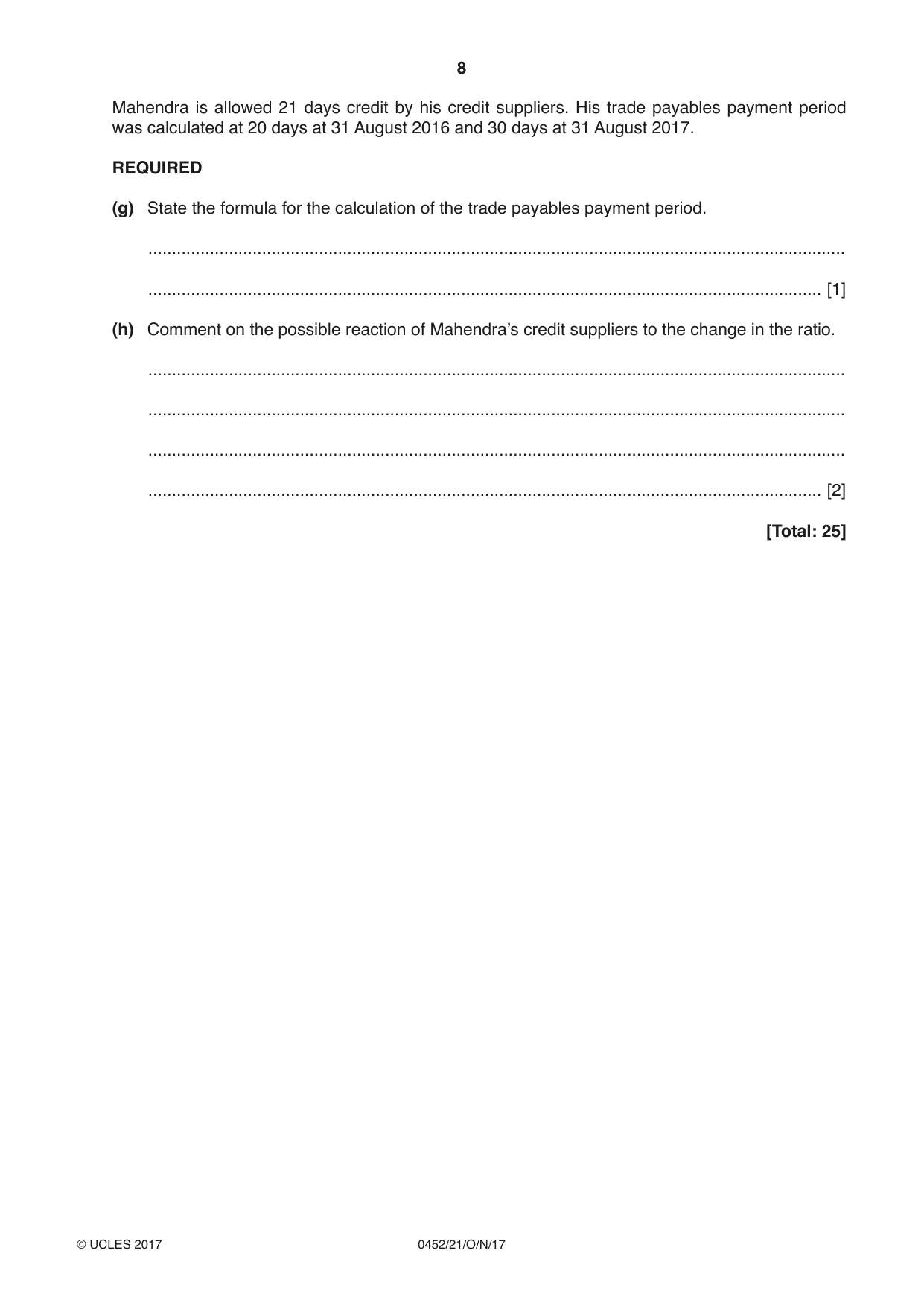 Cambridge IGCSE Accounting 0452 2017 Oct/Nov Paper 2 · Variant 1 question paper, page 8 of 20
