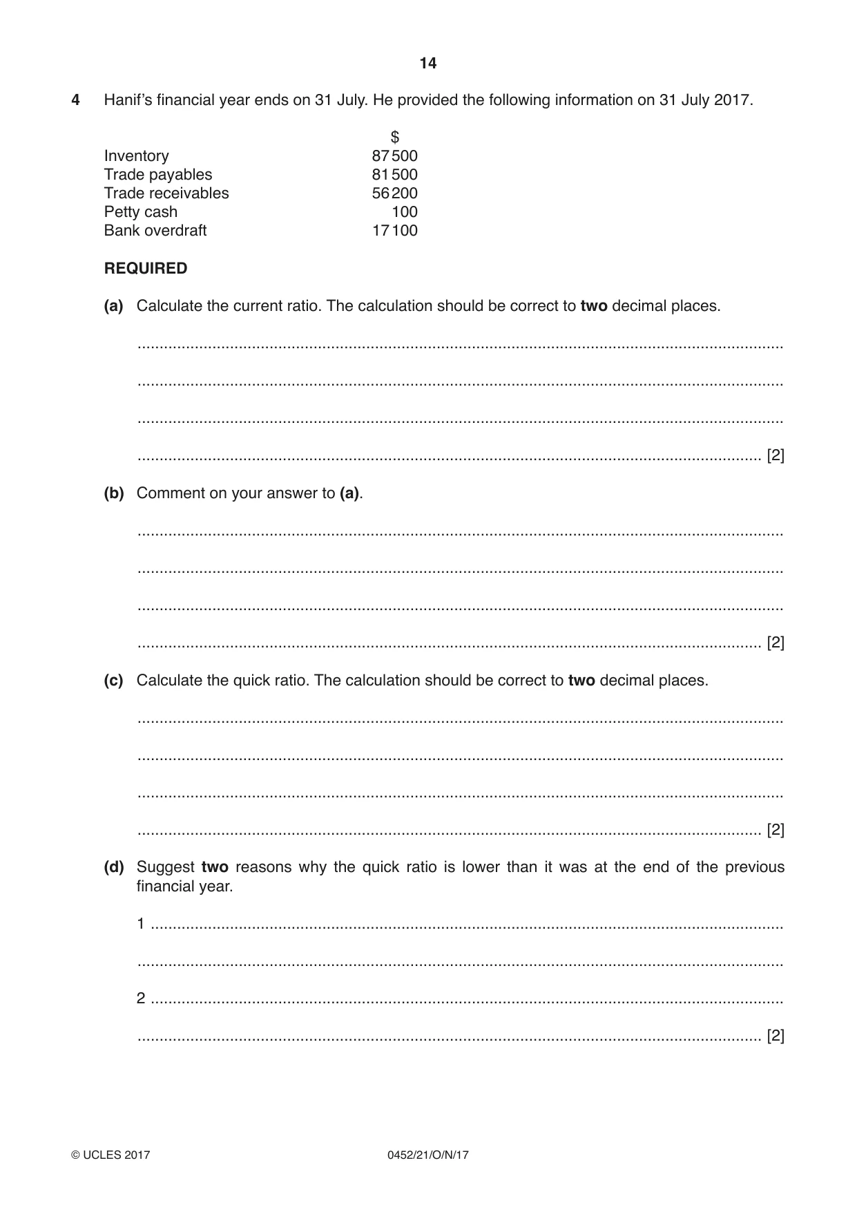 Cambridge IGCSE Accounting 0452 2017 Oct/Nov Paper 2 · Variant 1 question paper, page 14 of 20