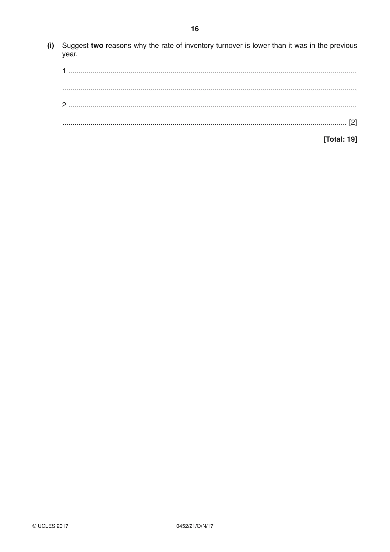 Cambridge IGCSE Accounting 0452 2017 Oct/Nov Paper 2 · Variant 1 question paper, page 16 of 20