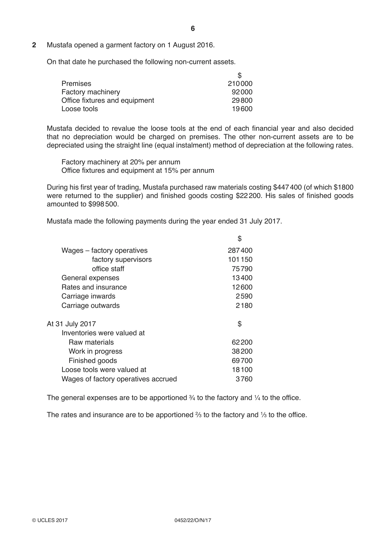 Cambridge IGCSE Accounting 0452 2017 Oct/Nov Paper 2 · Variant 2 question paper, page 6 of 20