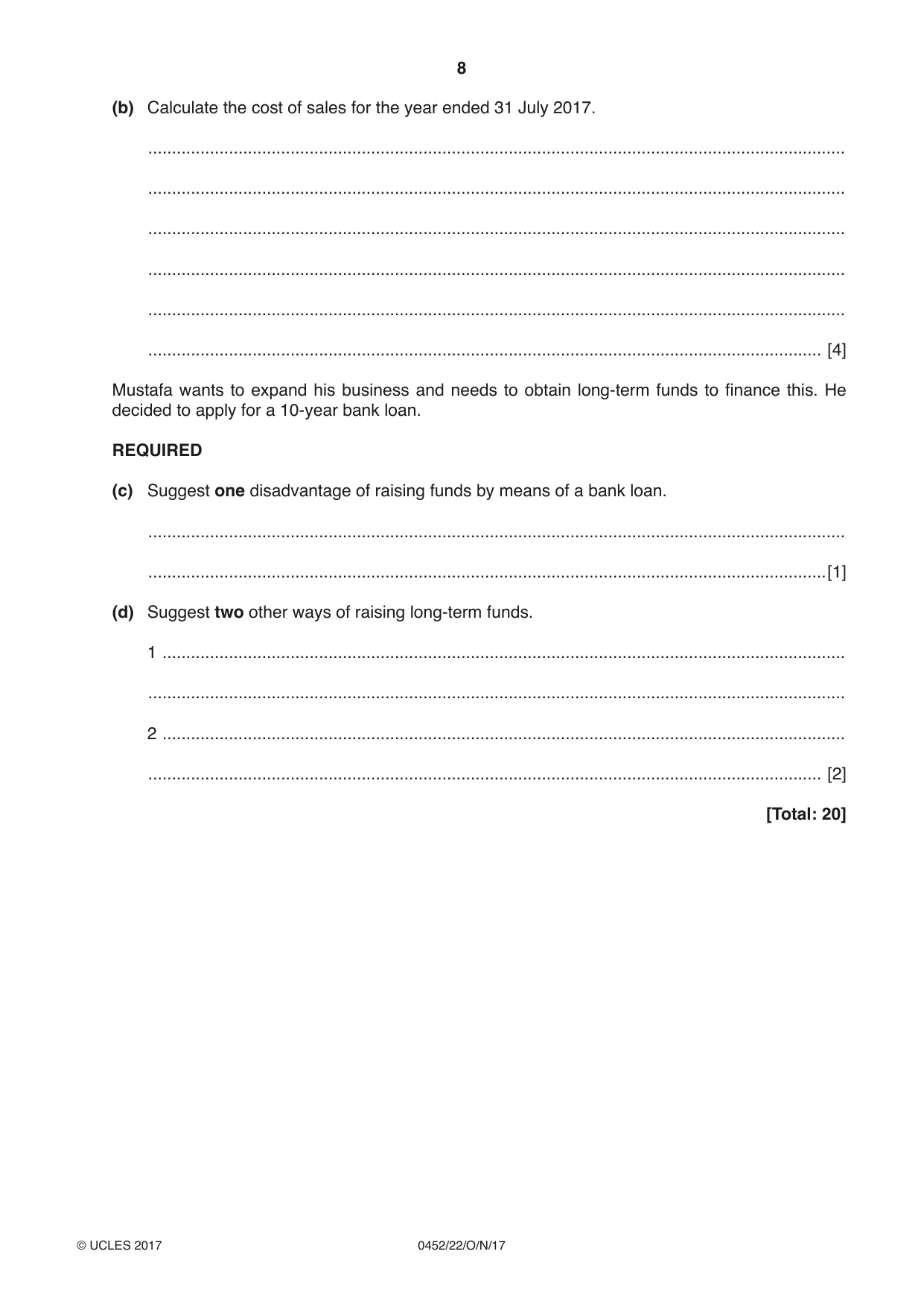 Cambridge IGCSE Accounting 0452 2017 Oct/Nov Paper 2 · Variant 2 question paper, page 8 of 20