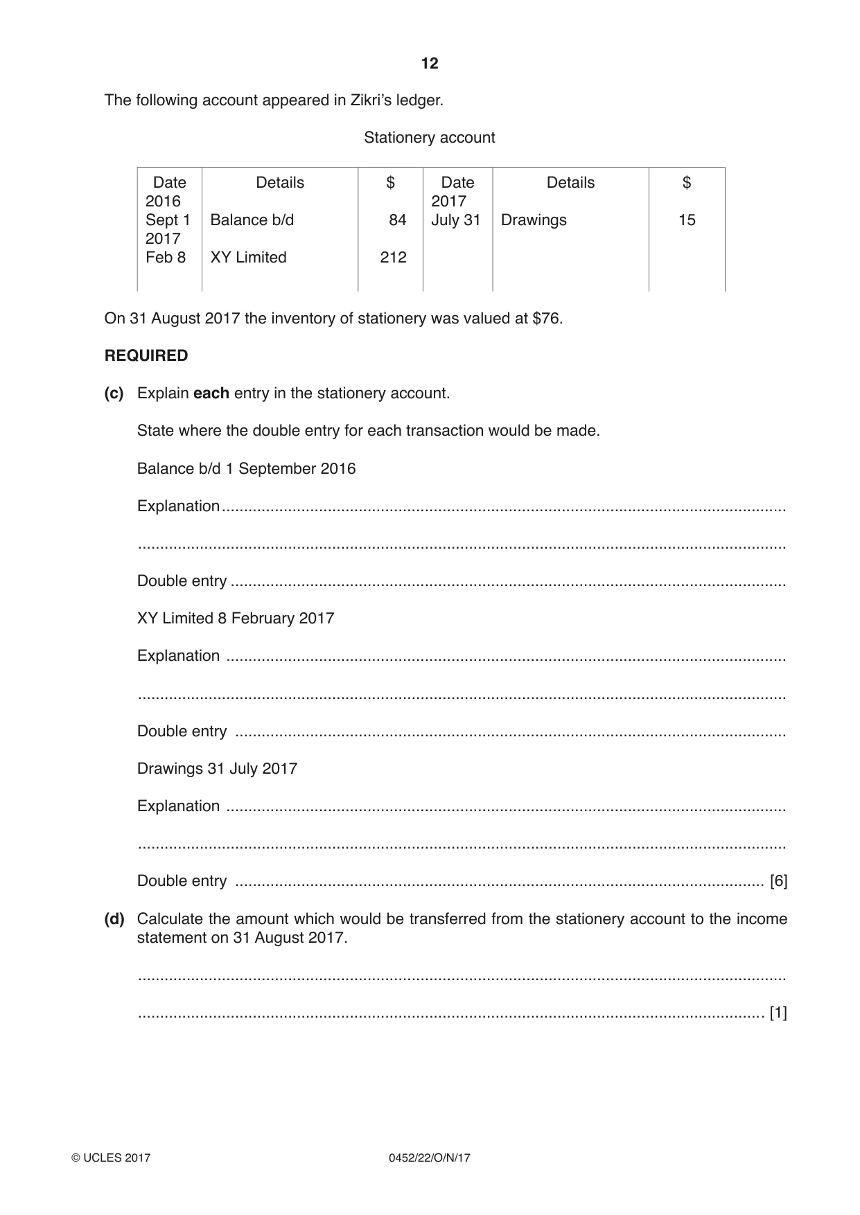 Cambridge IGCSE Accounting 0452 2017 Oct/Nov Paper 2 · Variant 2 question paper, page 12 of 20