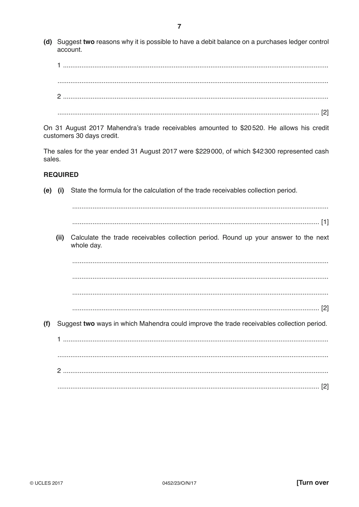 Cambridge IGCSE Accounting 0452 2017 Oct/Nov Paper 2 · Variant 3 question paper, page 7 of 20