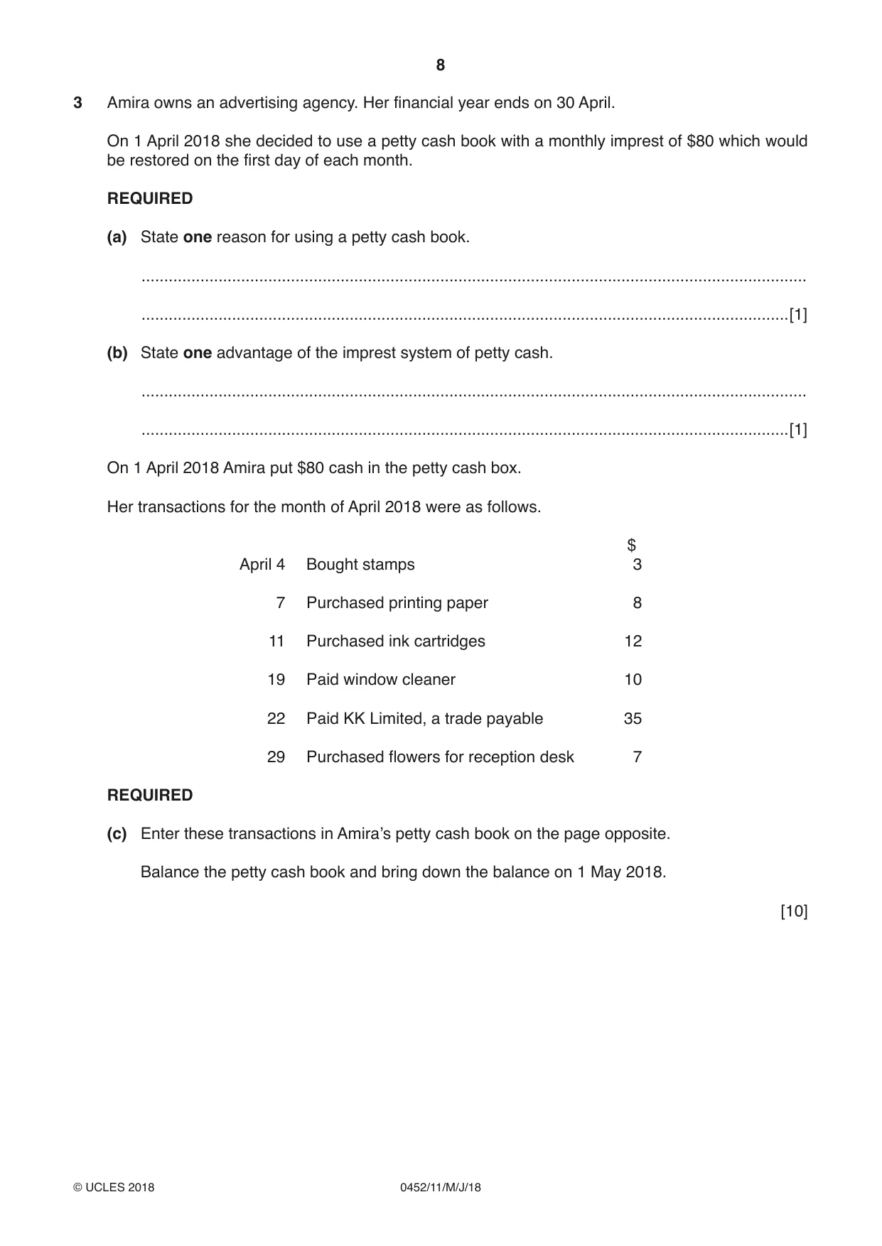 Cambridge IGCSE Accounting 0452 2018 May/June Paper 1 · Variant 1 question paper, page 8 of 24