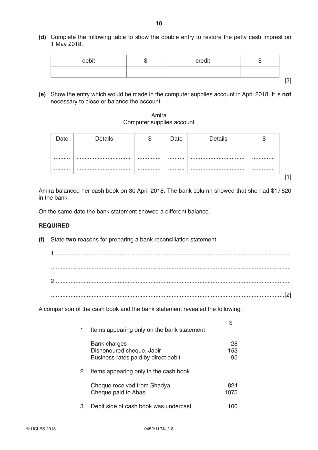Cambridge IGCSE Accounting 0452 2018 May/June Paper 1 · Variant 1 question paper, page 10 of 24