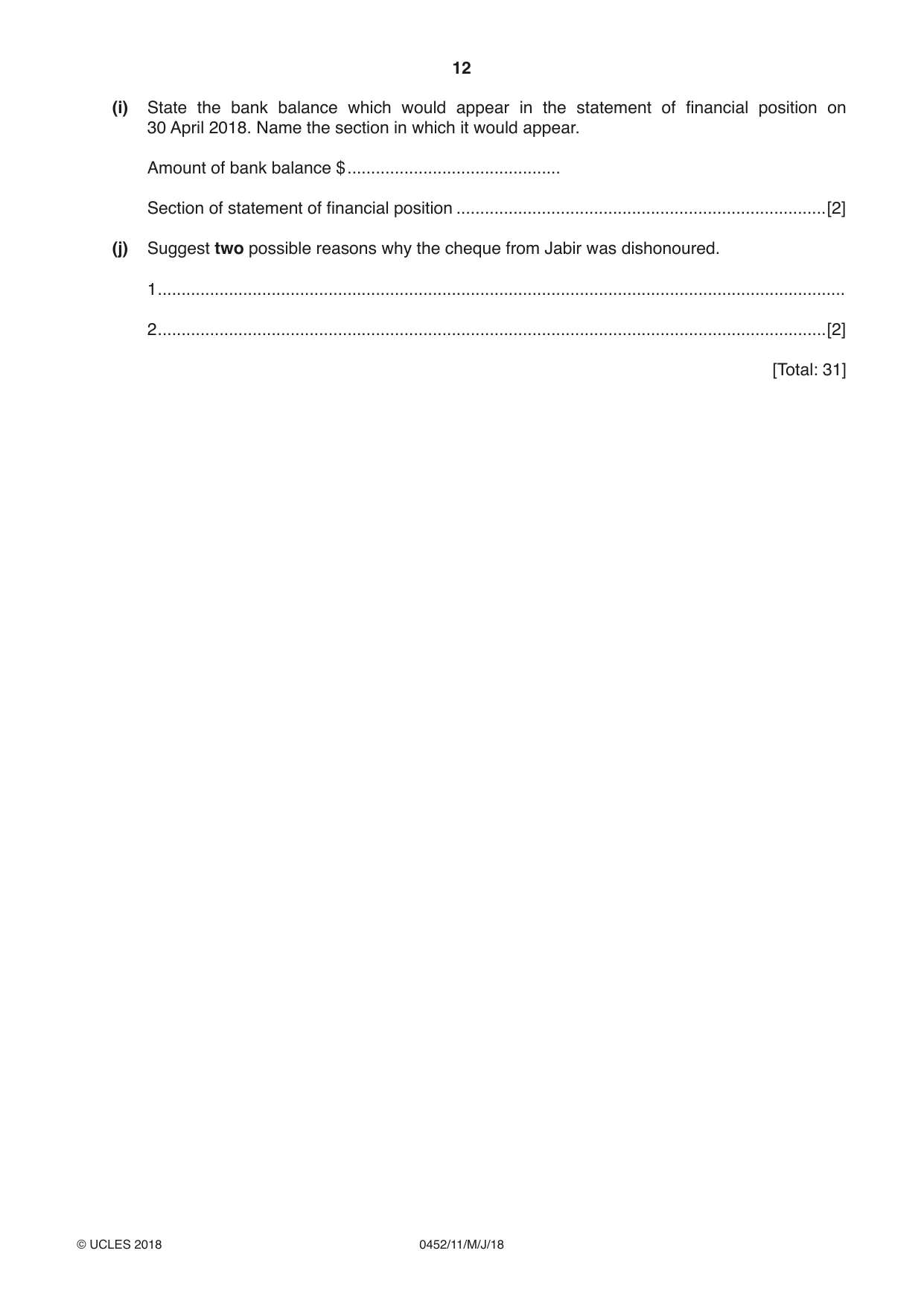 Cambridge IGCSE Accounting 0452 2018 May/June Paper 1 · Variant 1 question paper, page 12 of 24
