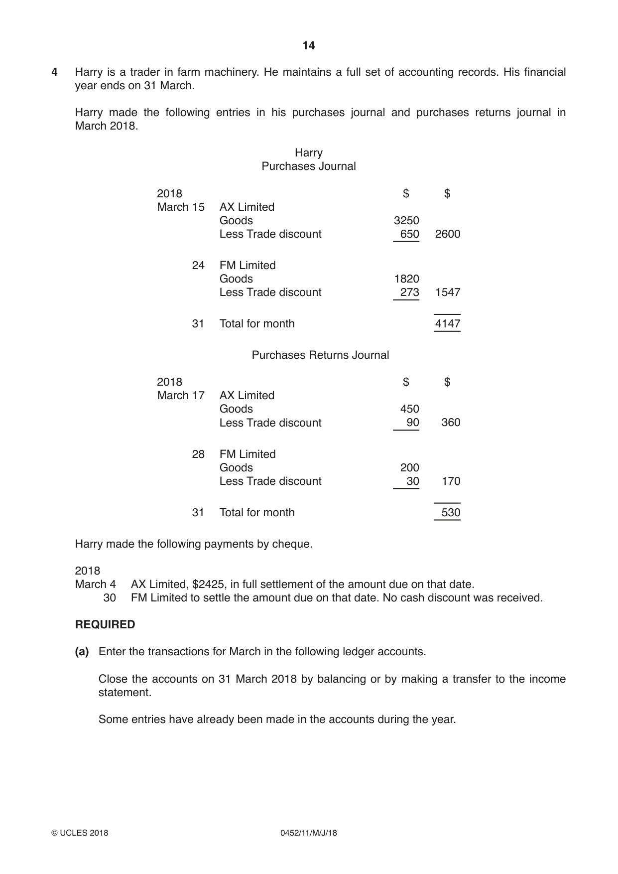 Cambridge IGCSE Accounting 0452 2018 May/June Paper 1 · Variant 1 question paper, page 14 of 24