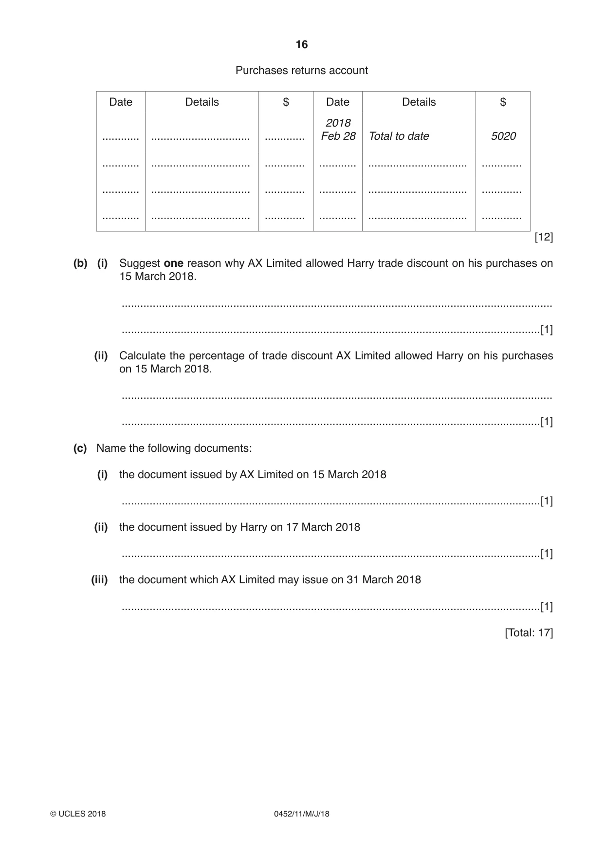 Cambridge IGCSE Accounting 0452 2018 May/June Paper 1 · Variant 1 question paper, page 16 of 24