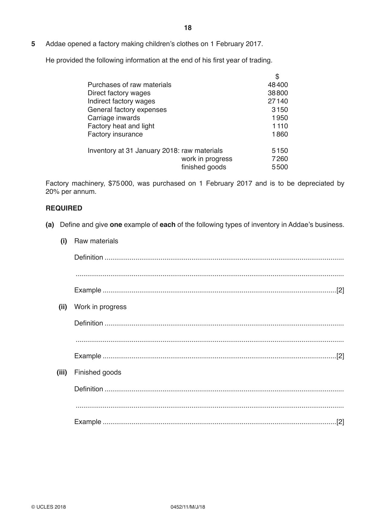 Cambridge IGCSE Accounting 0452 2018 May/June Paper 1 · Variant 1 question paper, page 18 of 24