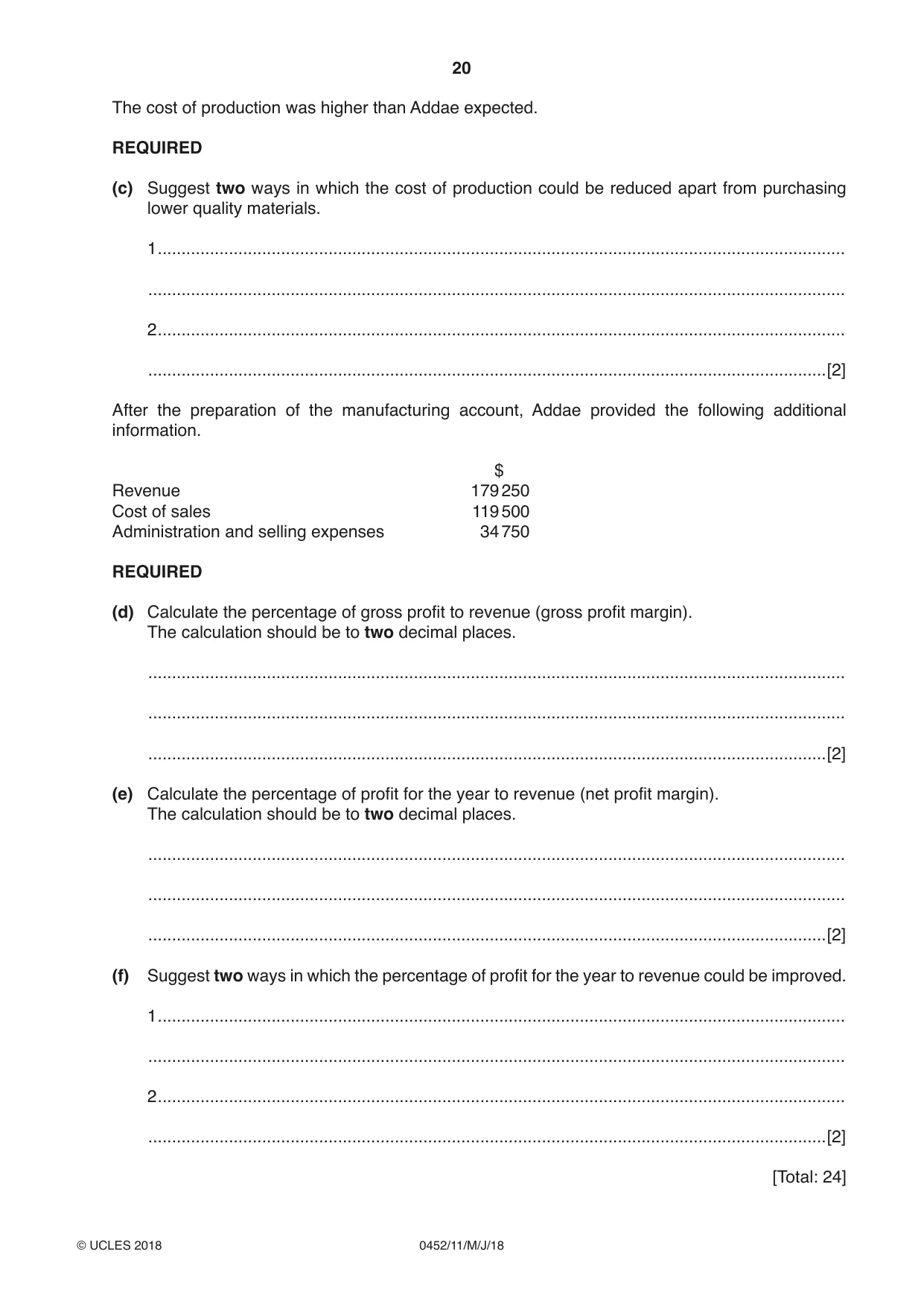 Cambridge IGCSE Accounting 0452 2018 May/June Paper 1 · Variant 1 question paper, page 20 of 24