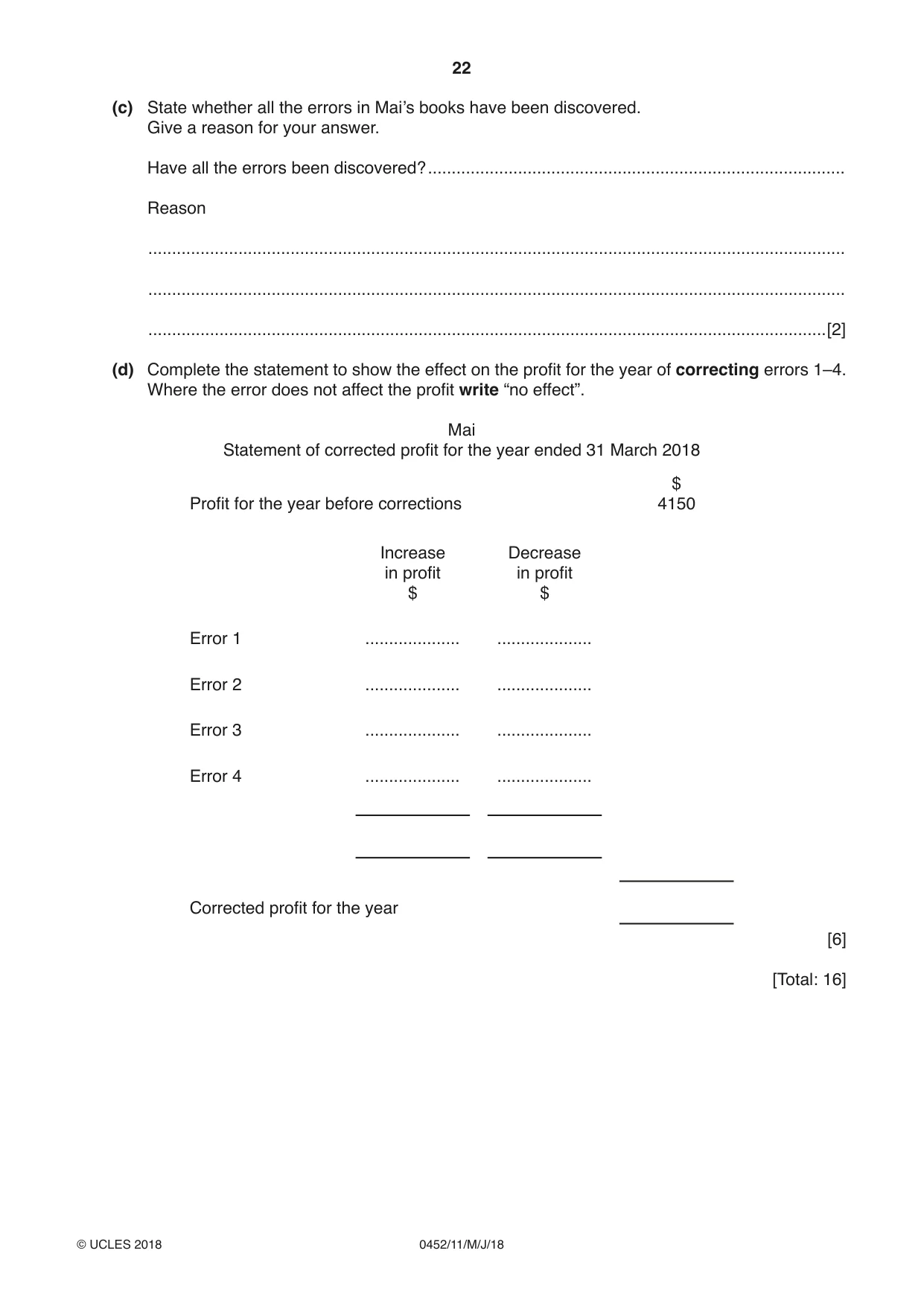 Cambridge IGCSE Accounting 0452 2018 May/June Paper 1 · Variant 1 question paper, page 22 of 24