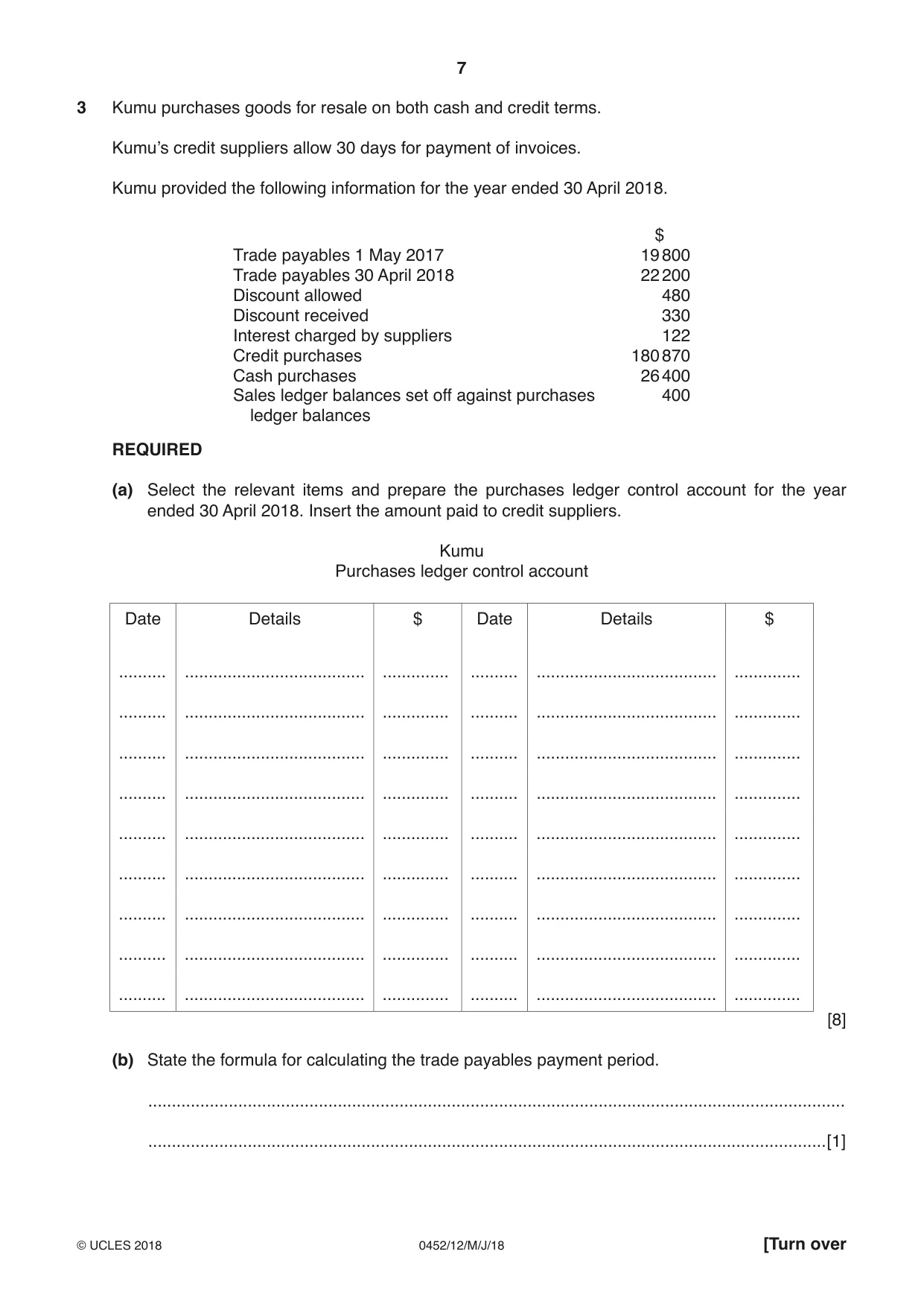 Cambridge IGCSE Accounting 0452 2018 May/June Paper 1 · Variant 2 question paper, page 7 of 20