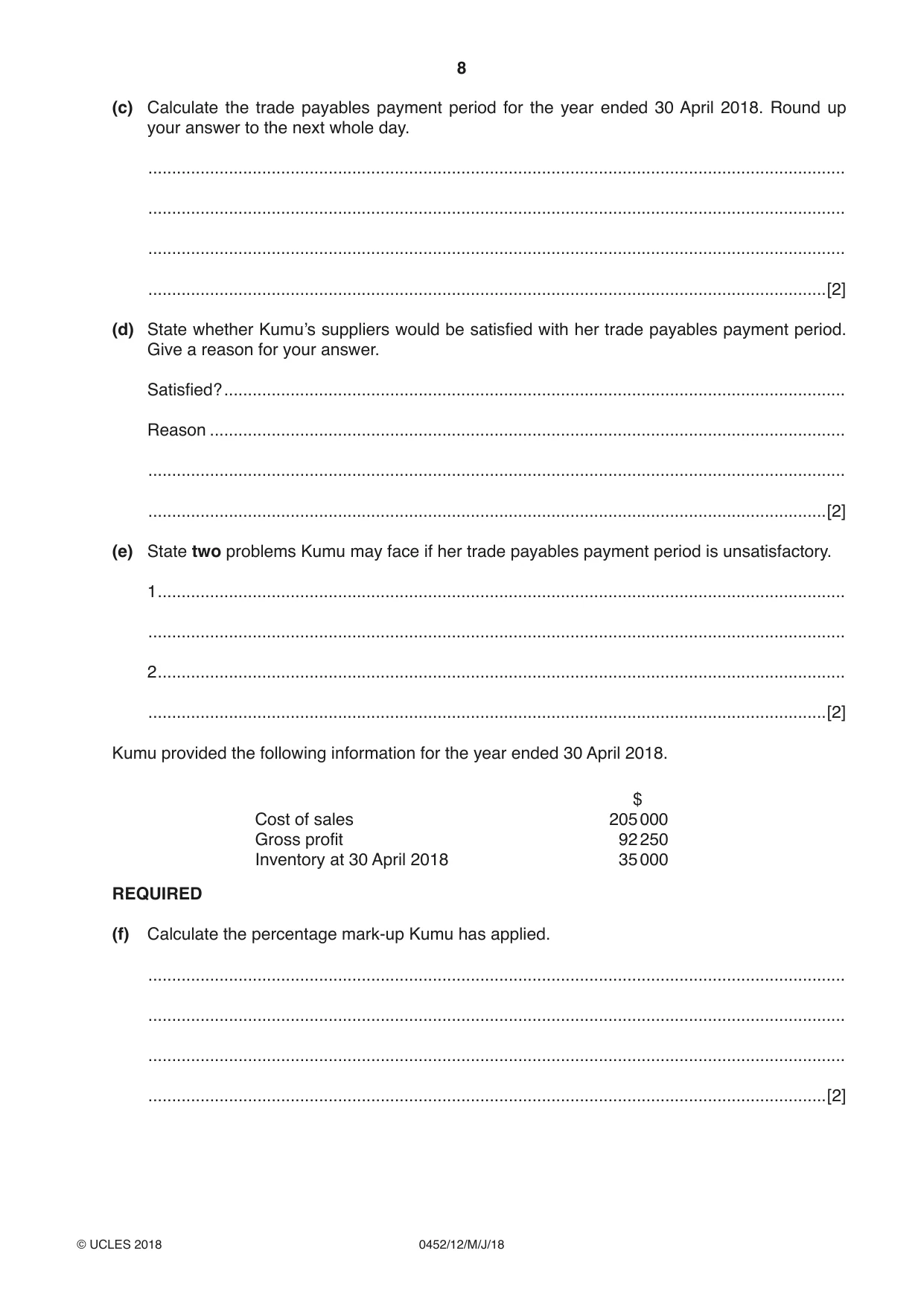 Cambridge IGCSE Accounting 0452 2018 May/June Paper 1 · Variant 2 question paper, page 8 of 20
