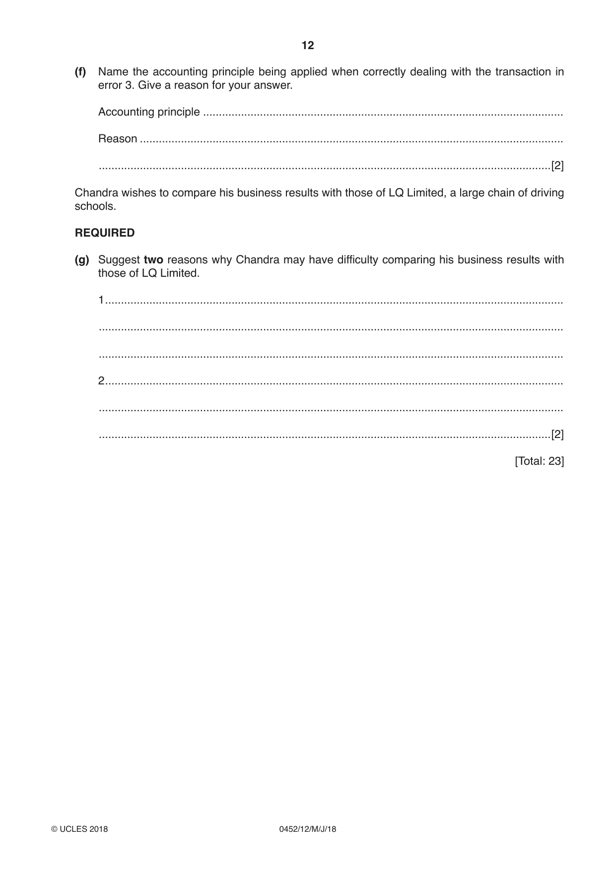 Cambridge IGCSE Accounting 0452 2018 May/June Paper 1 · Variant 2 question paper, page 12 of 20