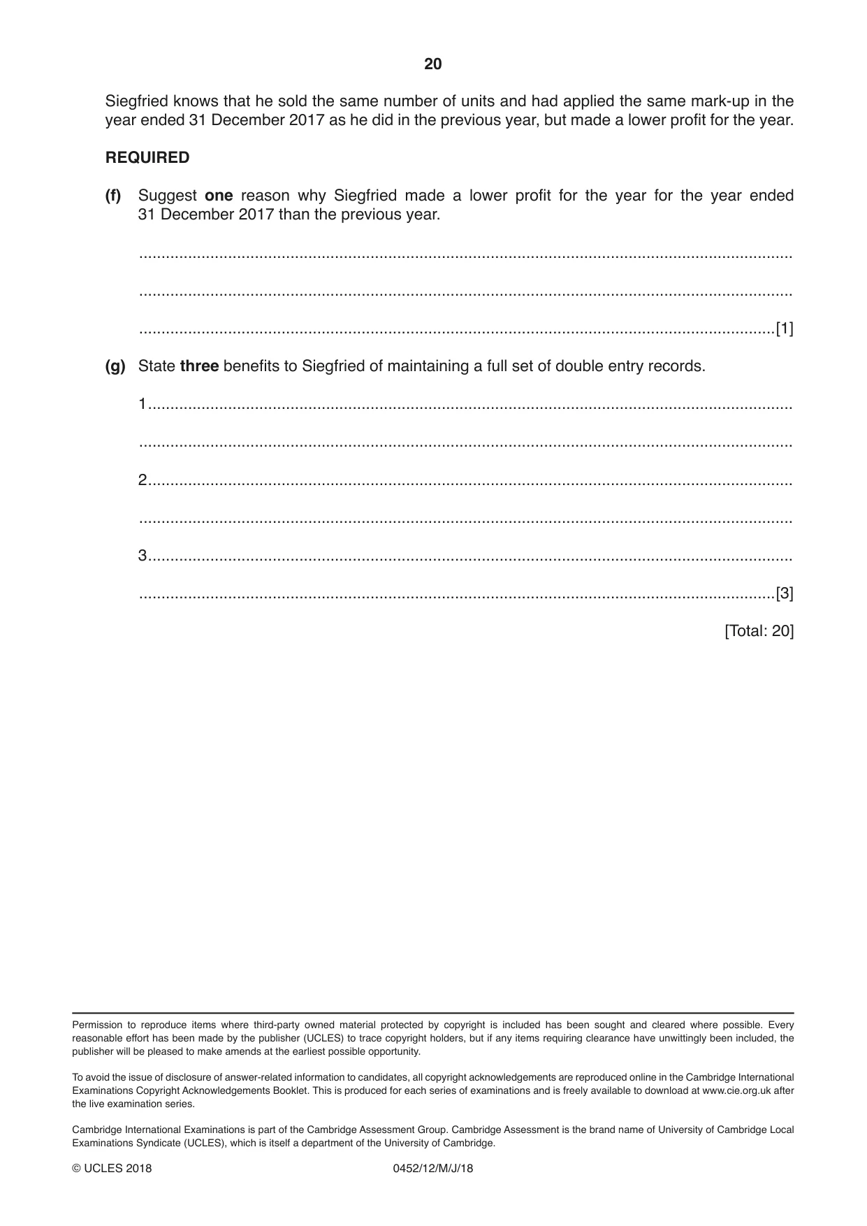 Cambridge IGCSE Accounting 0452 2018 May/June Paper 1 · Variant 2 question paper, page 20 of 20