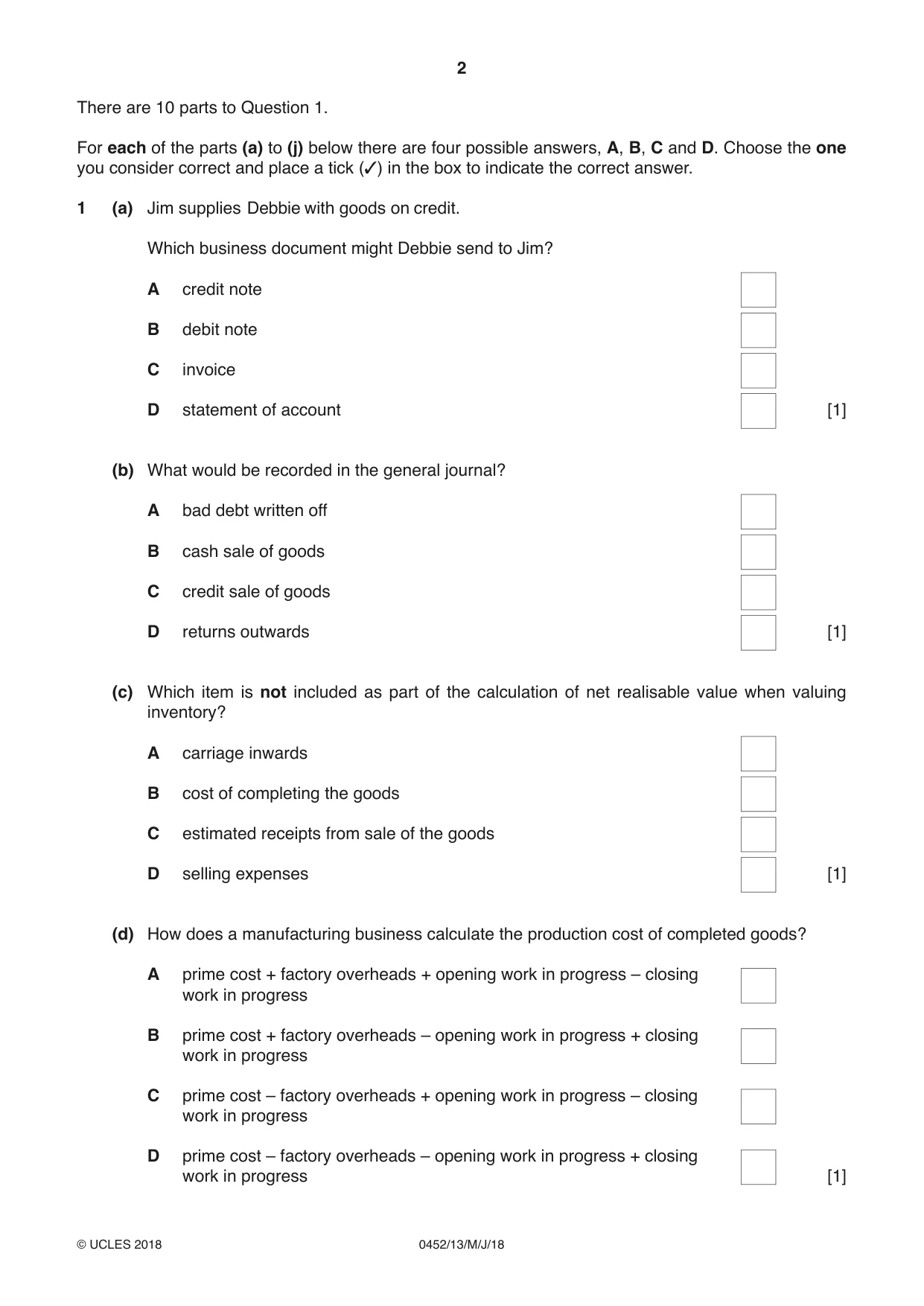 Cambridge IGCSE Accounting 0452 2018 May/June Paper 1 · Variant 3 question paper, page 2 of 20