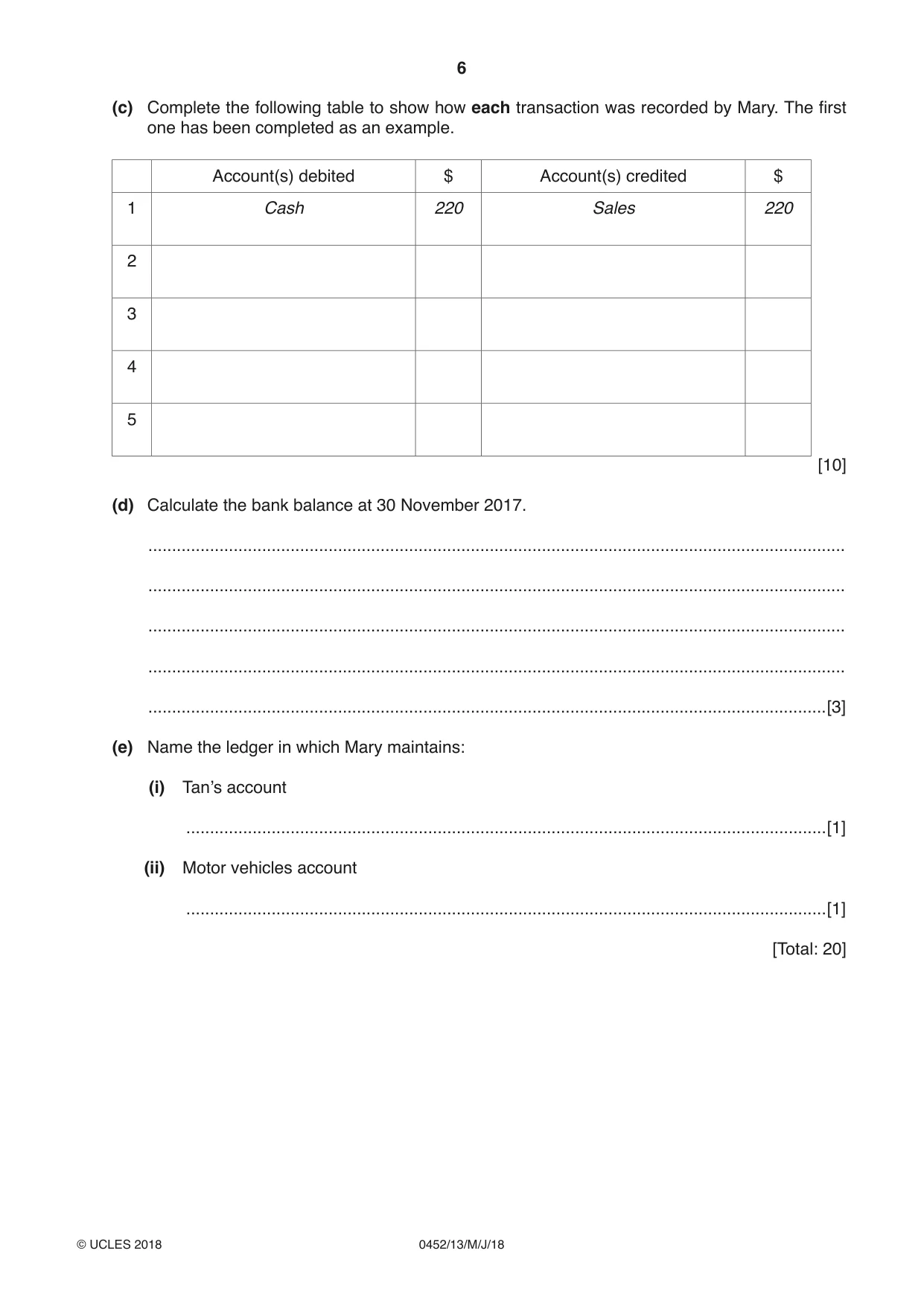Cambridge IGCSE Accounting 0452 2018 May/June Paper 1 · Variant 3 question paper, page 6 of 20
