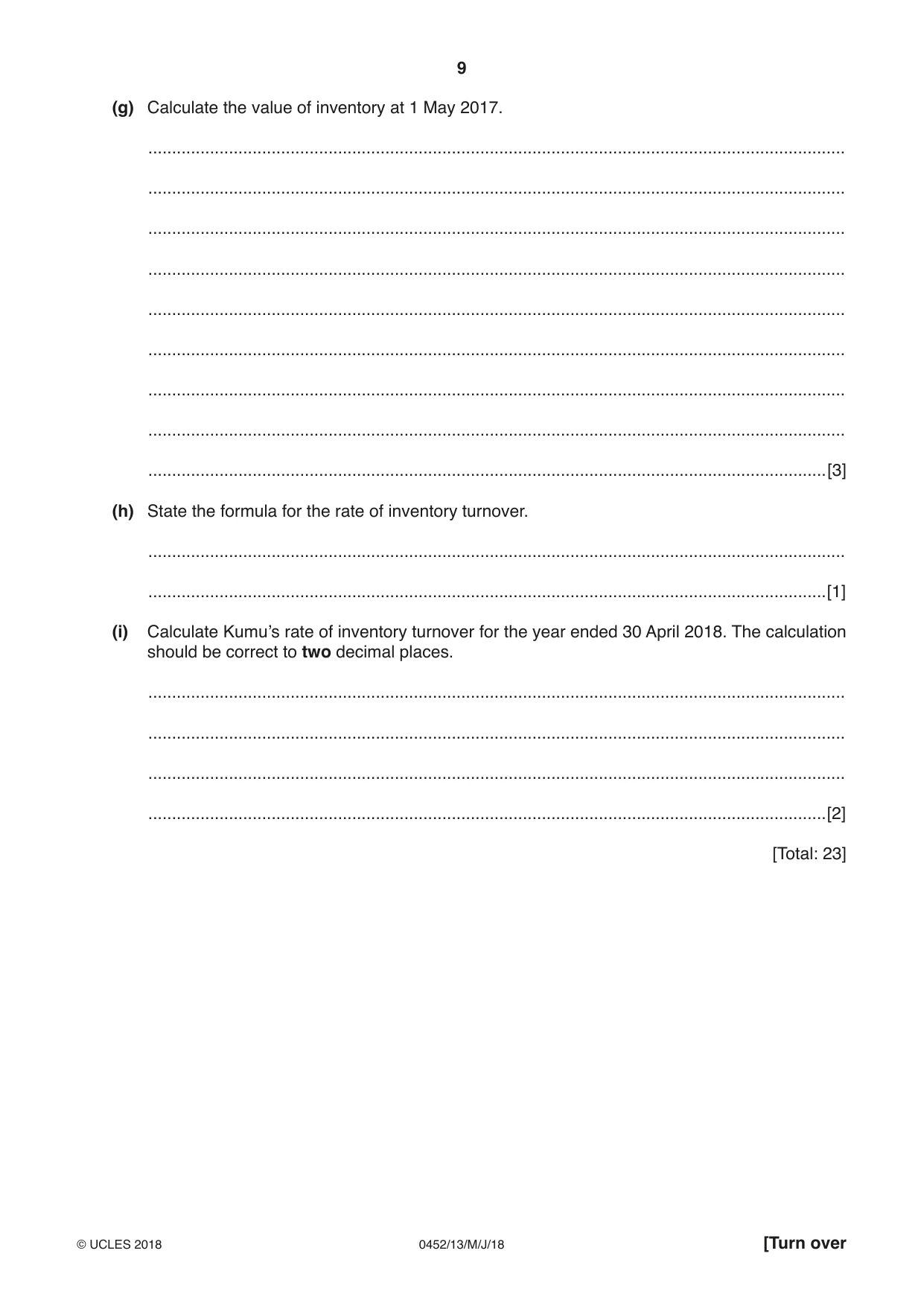 Cambridge IGCSE Accounting 0452 2018 May/June Paper 1 · Variant 3 question paper, page 9 of 20
