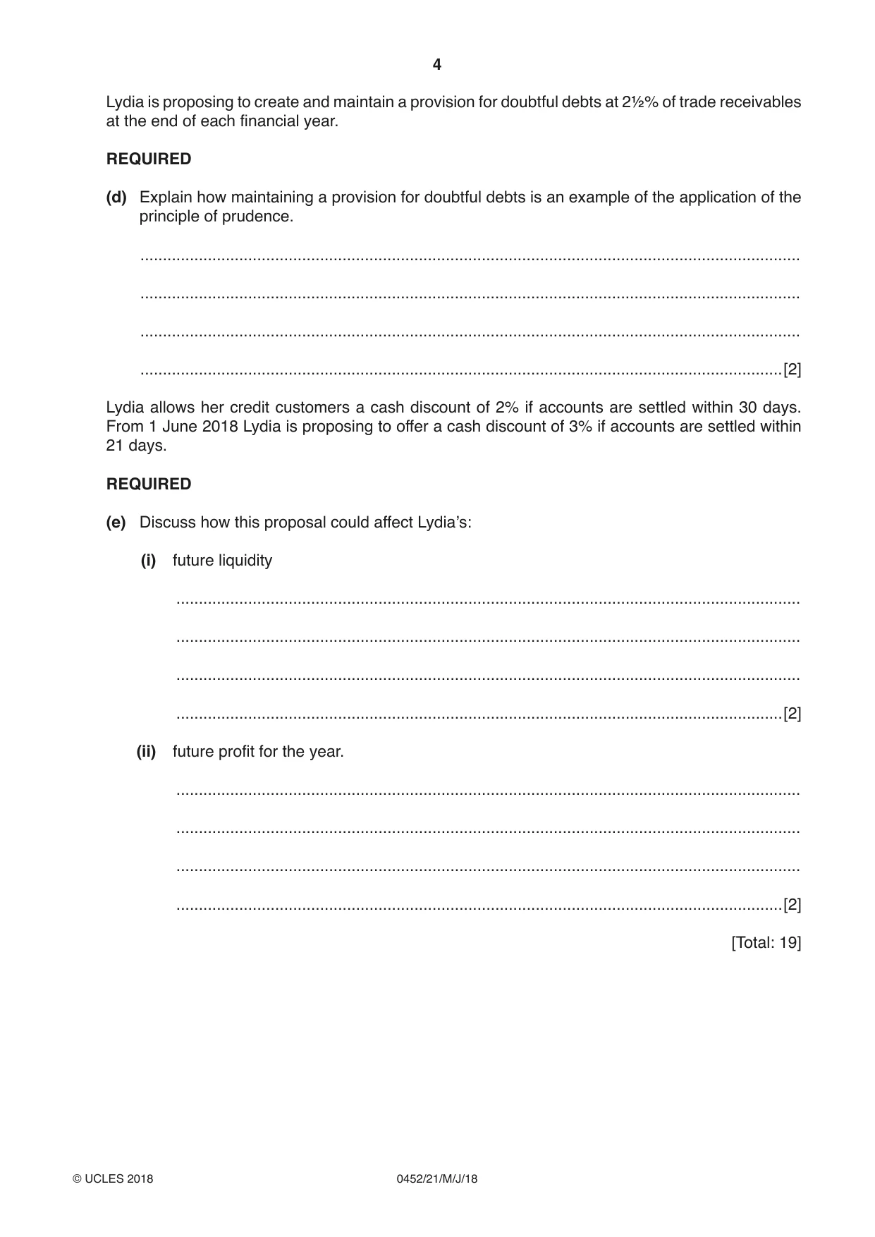Cambridge IGCSE Accounting 0452 2018 May/June Paper 2 · Variant 1 question paper, page 4 of 20
