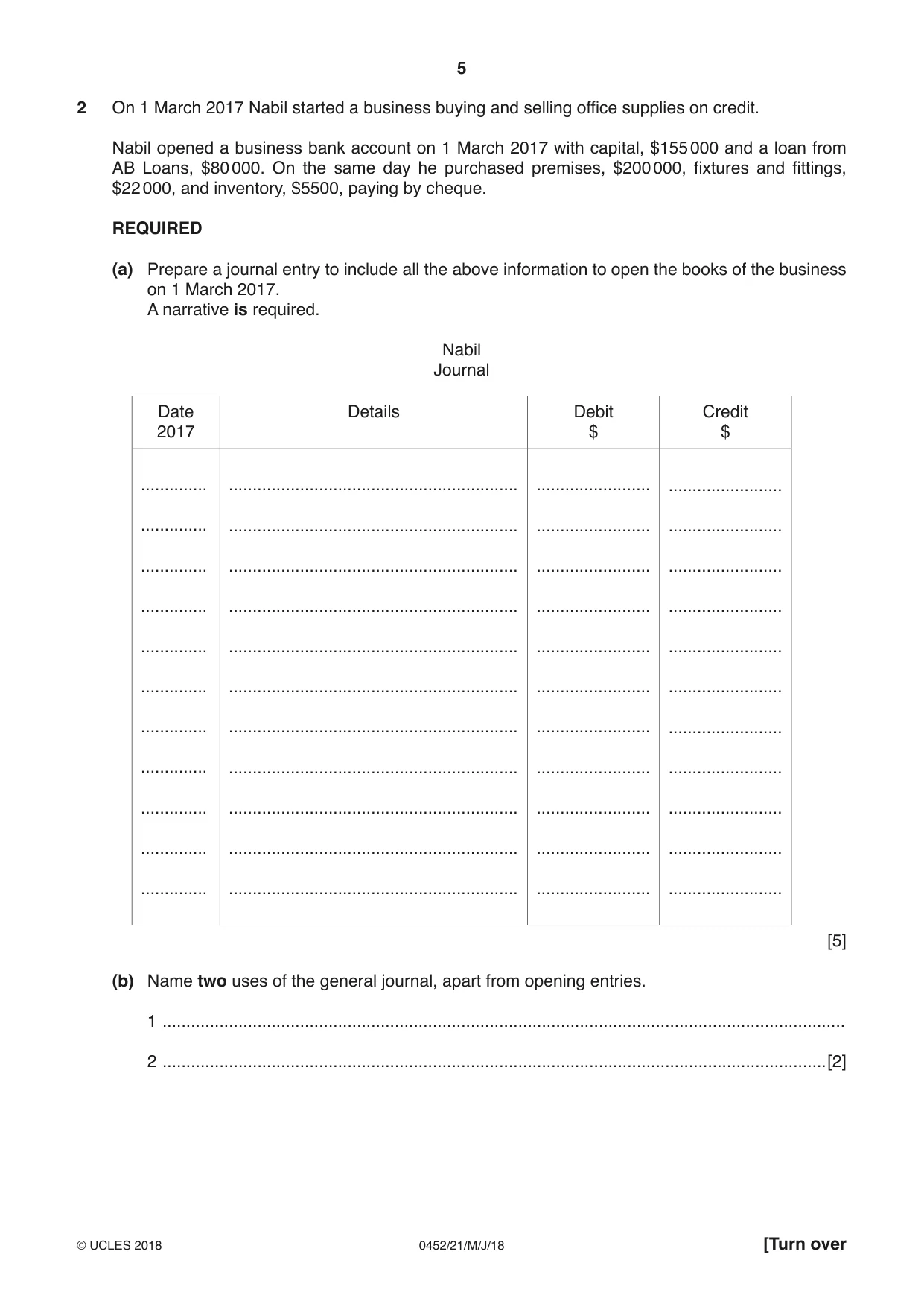 Cambridge IGCSE Accounting 0452 2018 May/June Paper 2 · Variant 1 question paper, page 5 of 20
